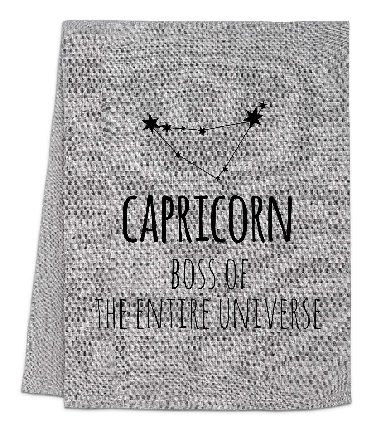 a towel with the words capricorn on it