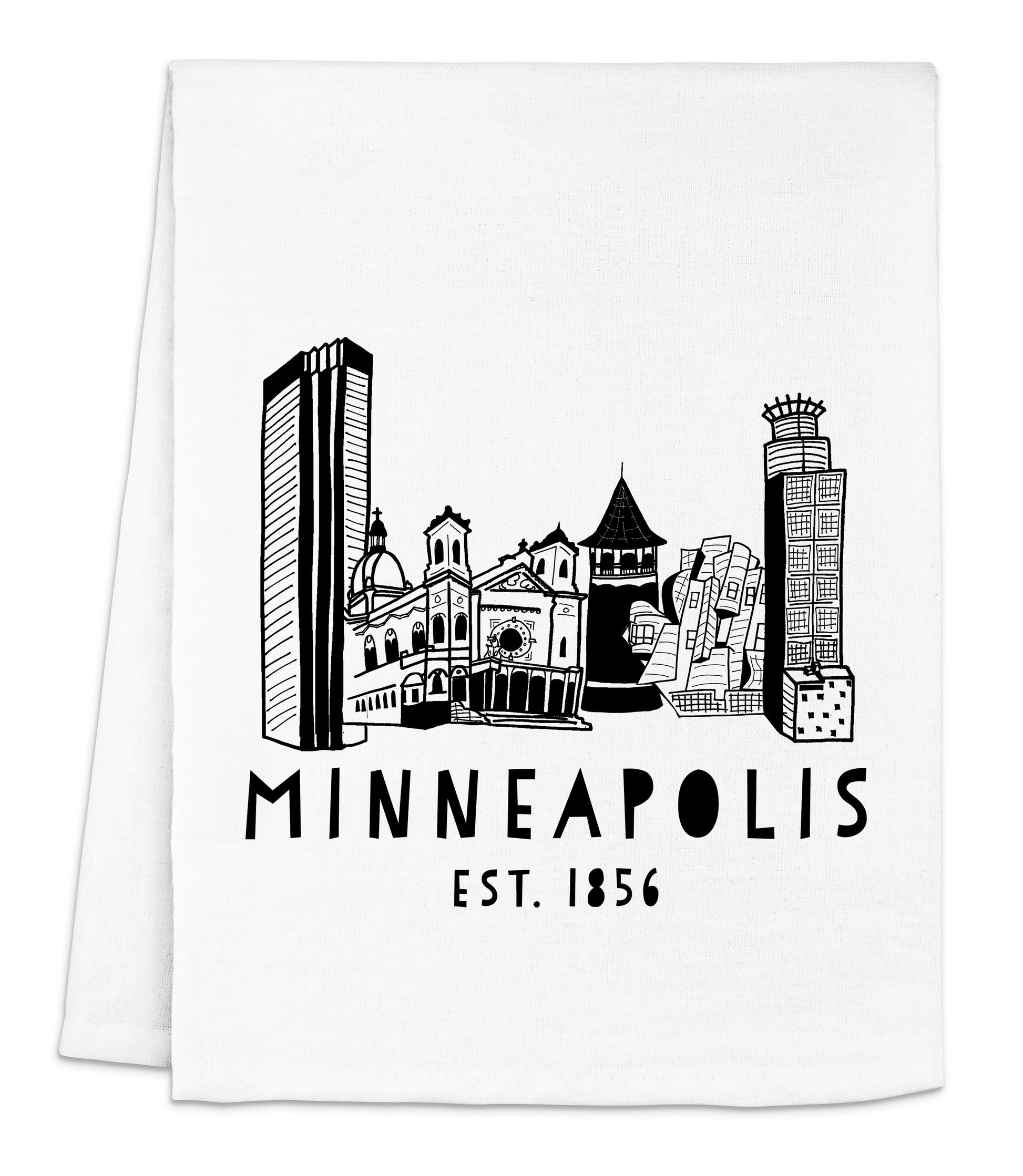 a white towel with a black and white picture of minneapolis