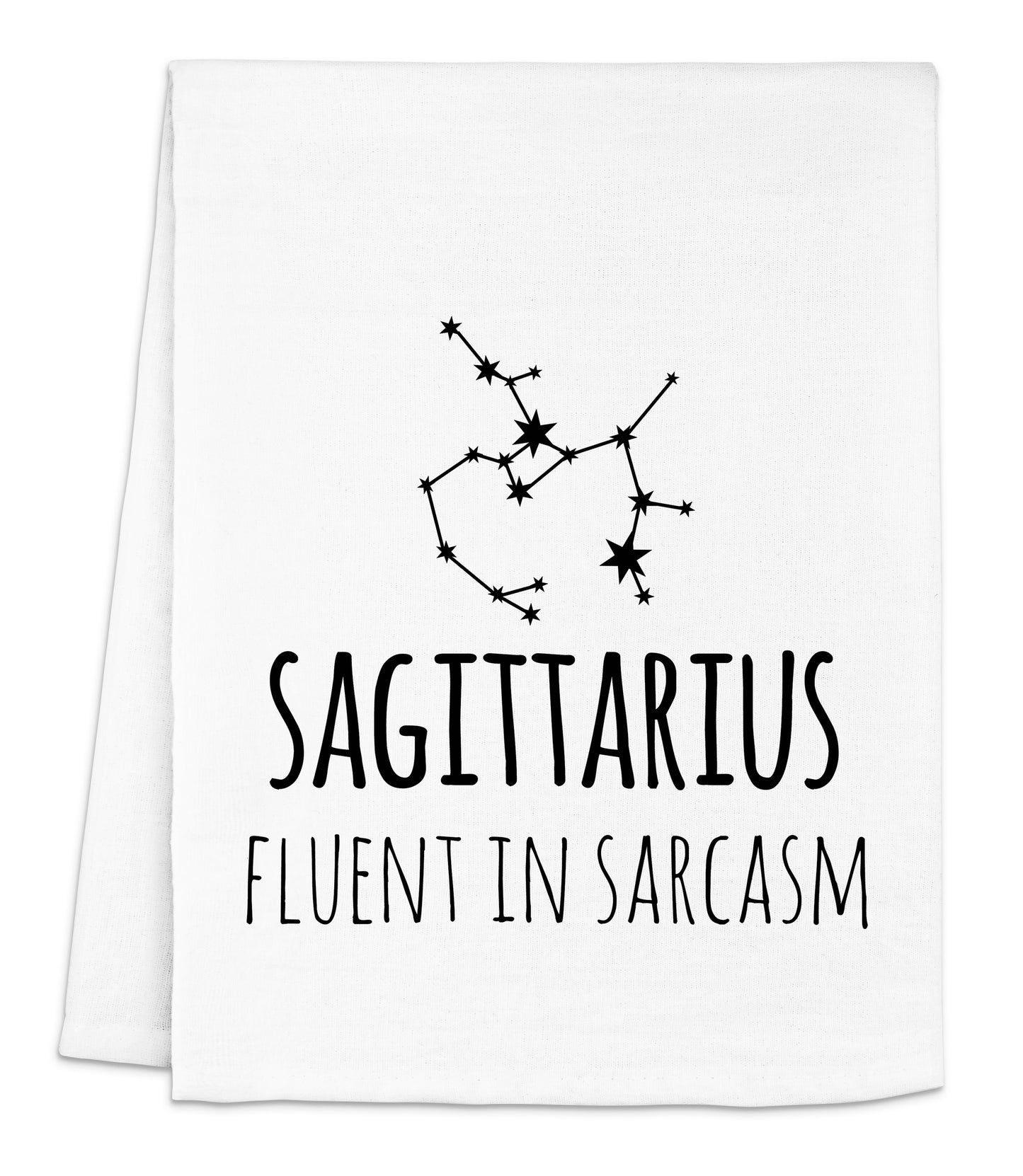 a white dish towel with the words sagittarius fluent in sargas