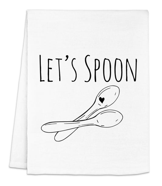 a white dish towel with the words let's spoon on it