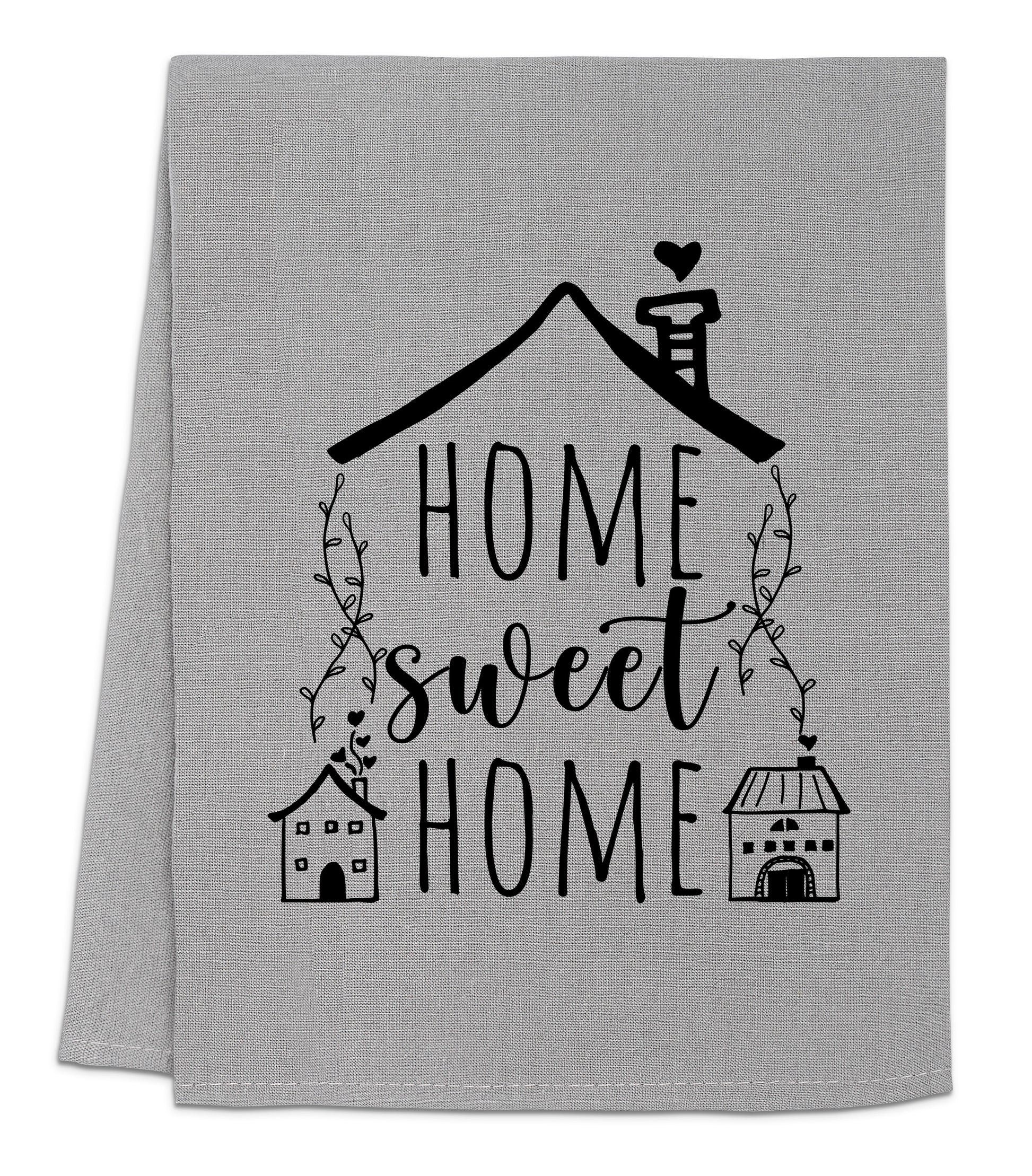 a gray dish towel with the words home sweet home printed on it