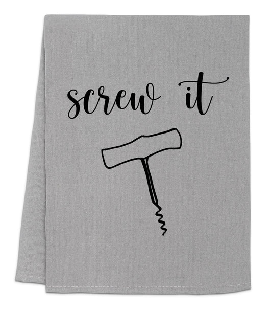 a gray towel with a black word that says screw it