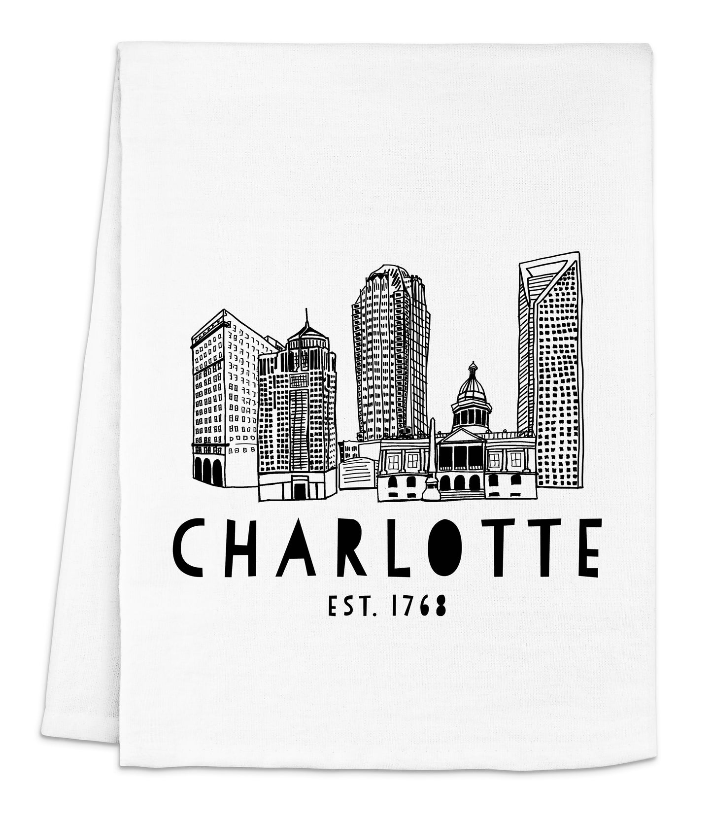 a white towel with a black and white picture of charlotte