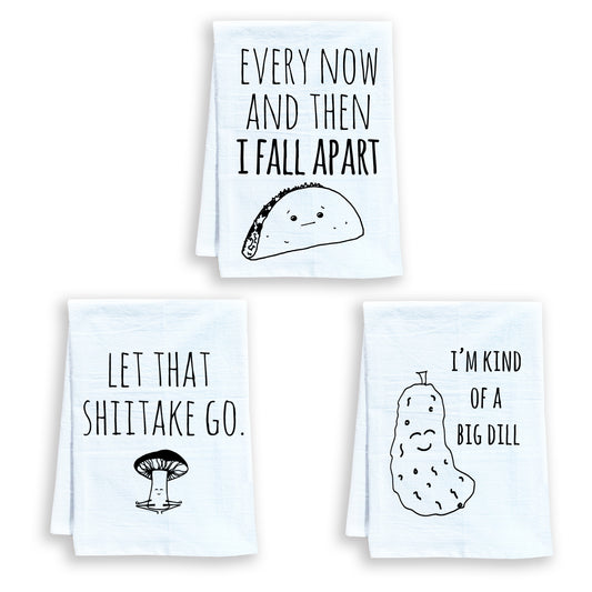 three tea towels with funny sayings on them
