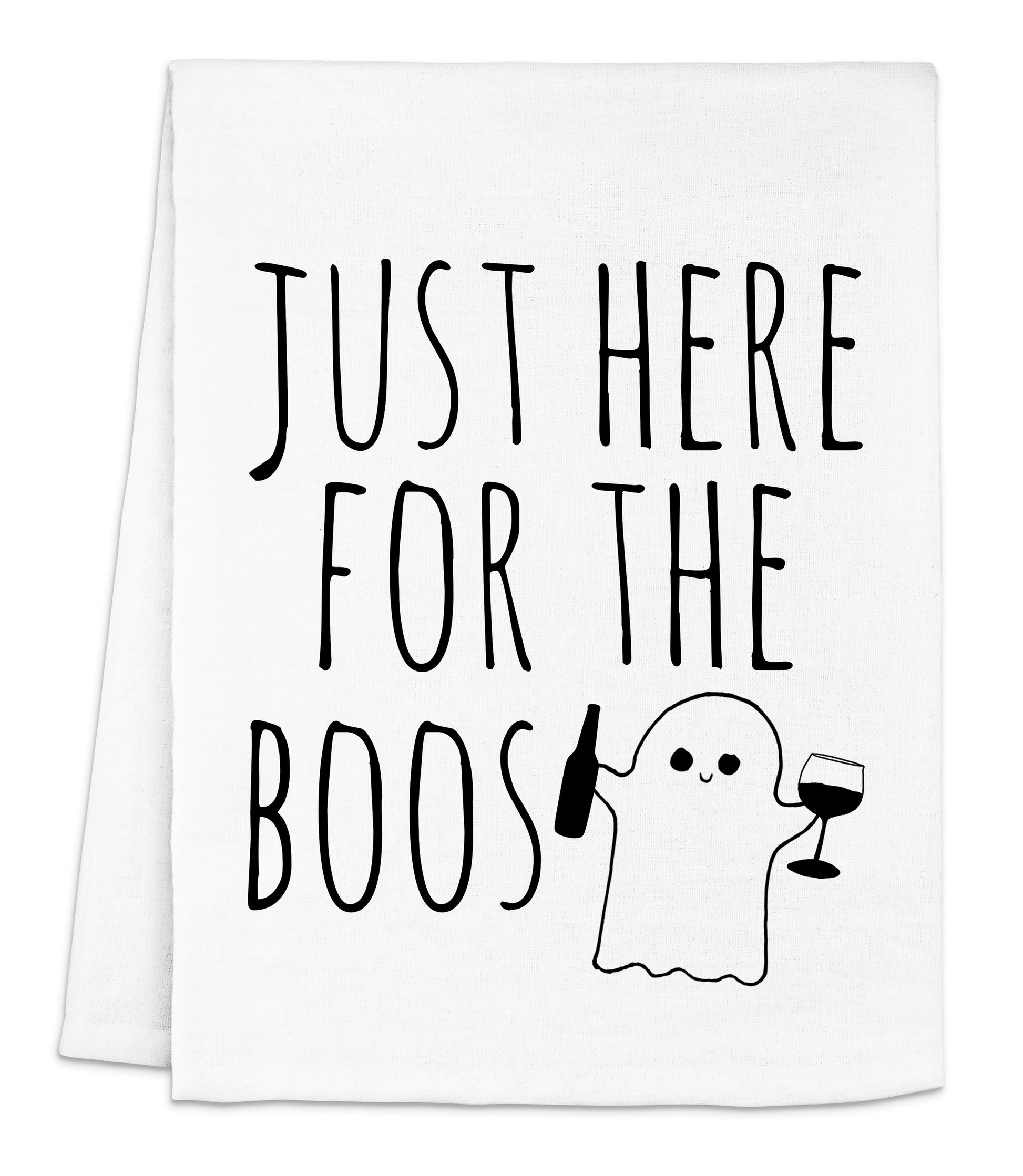 a white towel with a ghost holding a glass of wine