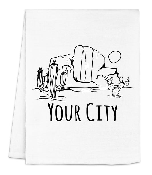 a towel with a drawing of a cactus and the words your city on it