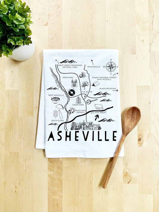Asheville Map Dish Towel - White Or Gray