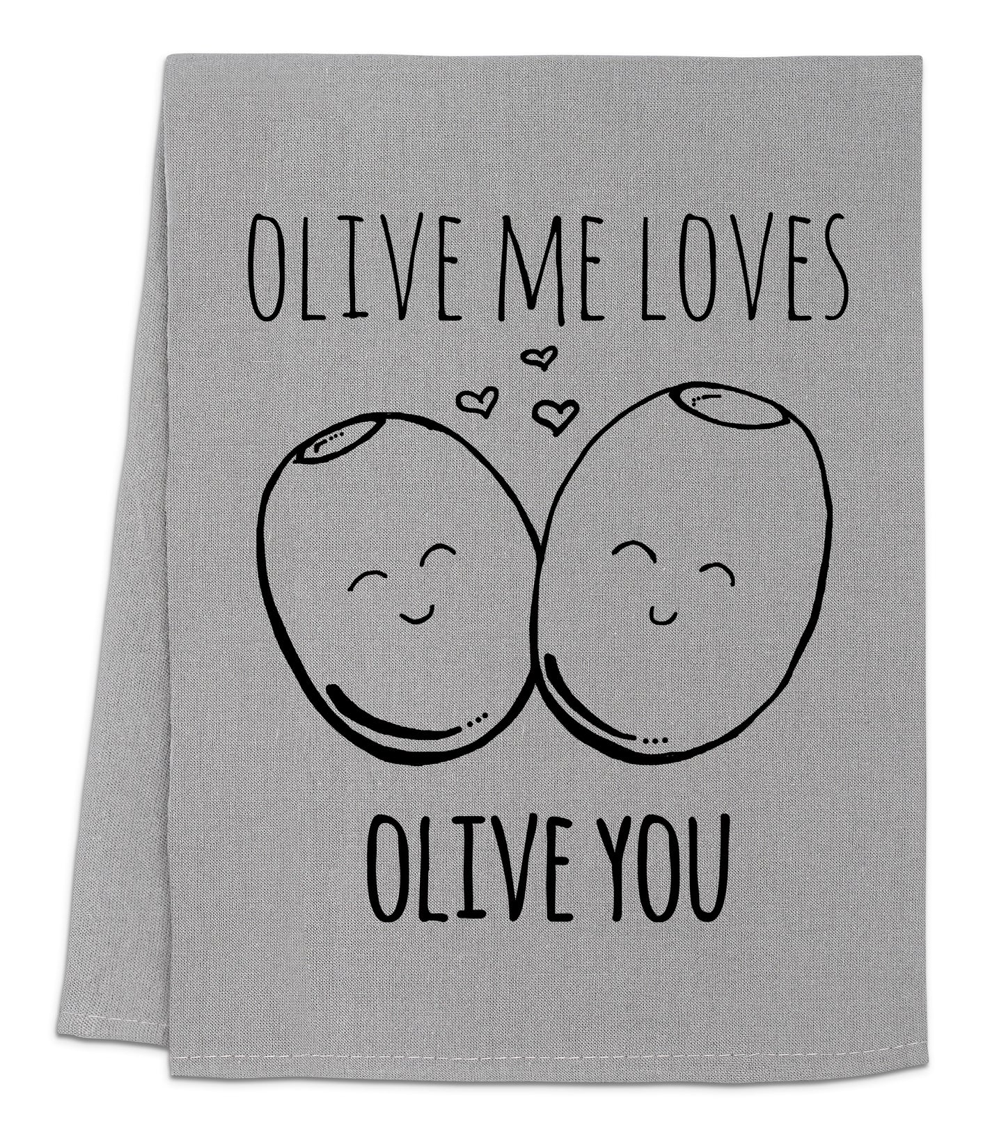 a towel with two apples on it that says olive me loves olive you