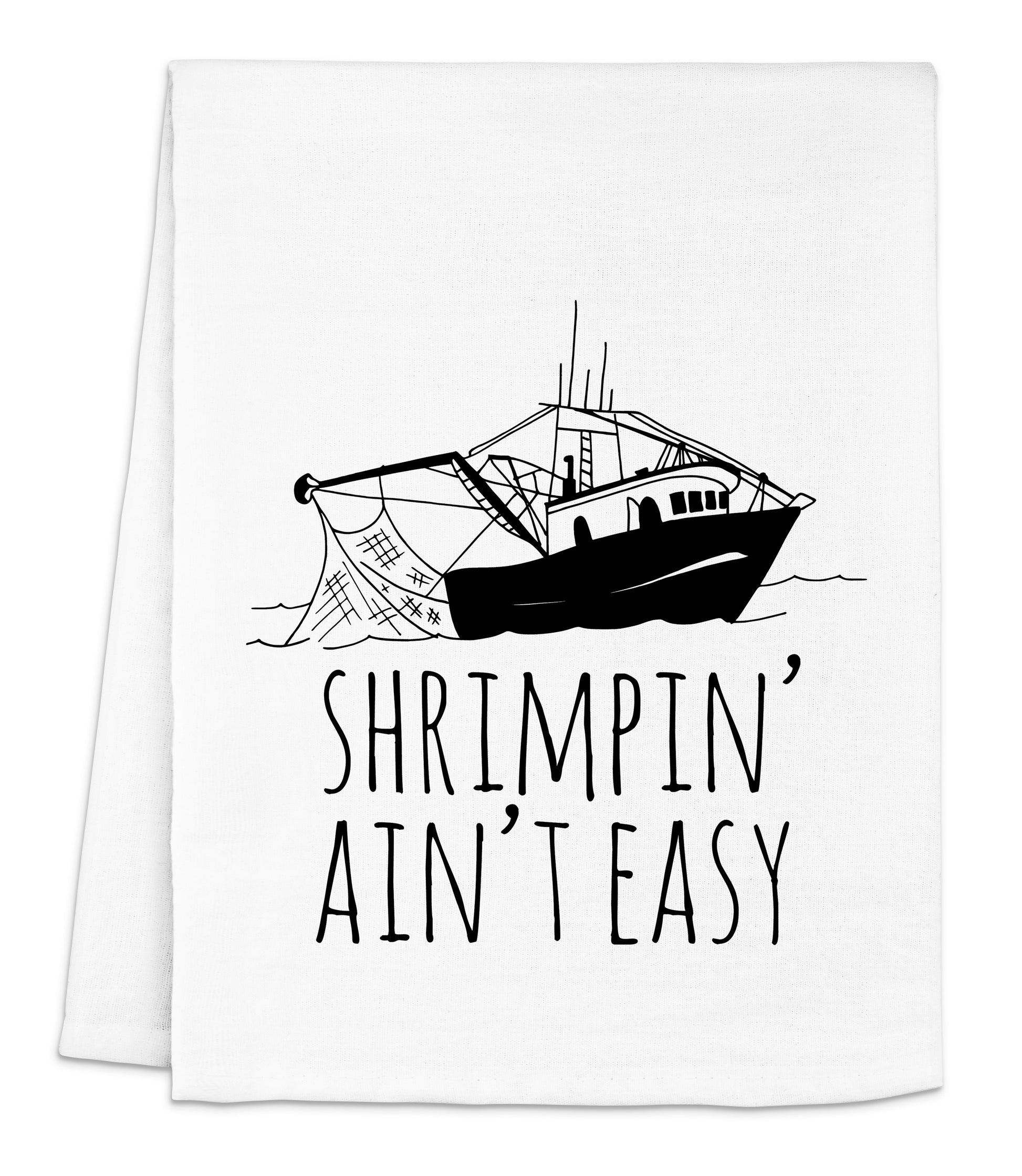 a white dish towel with a boat on it