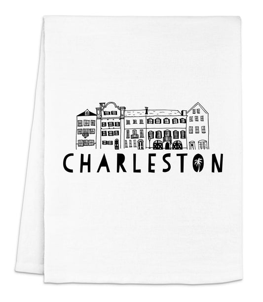 a white dish towel with a picture of charleston on it