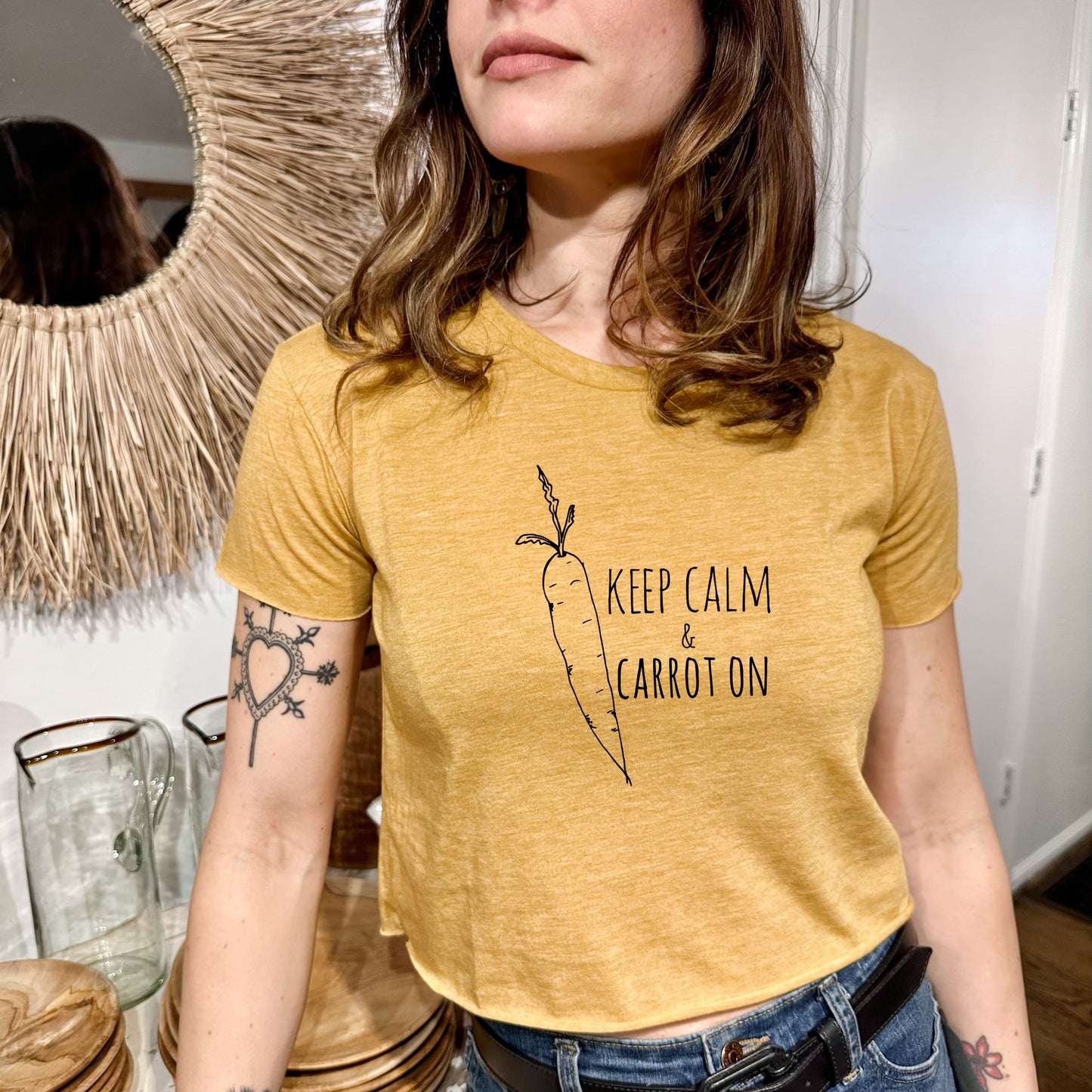 Keep Calm and Carrot On - Women's Crop Tee - Heather Gray or Gold