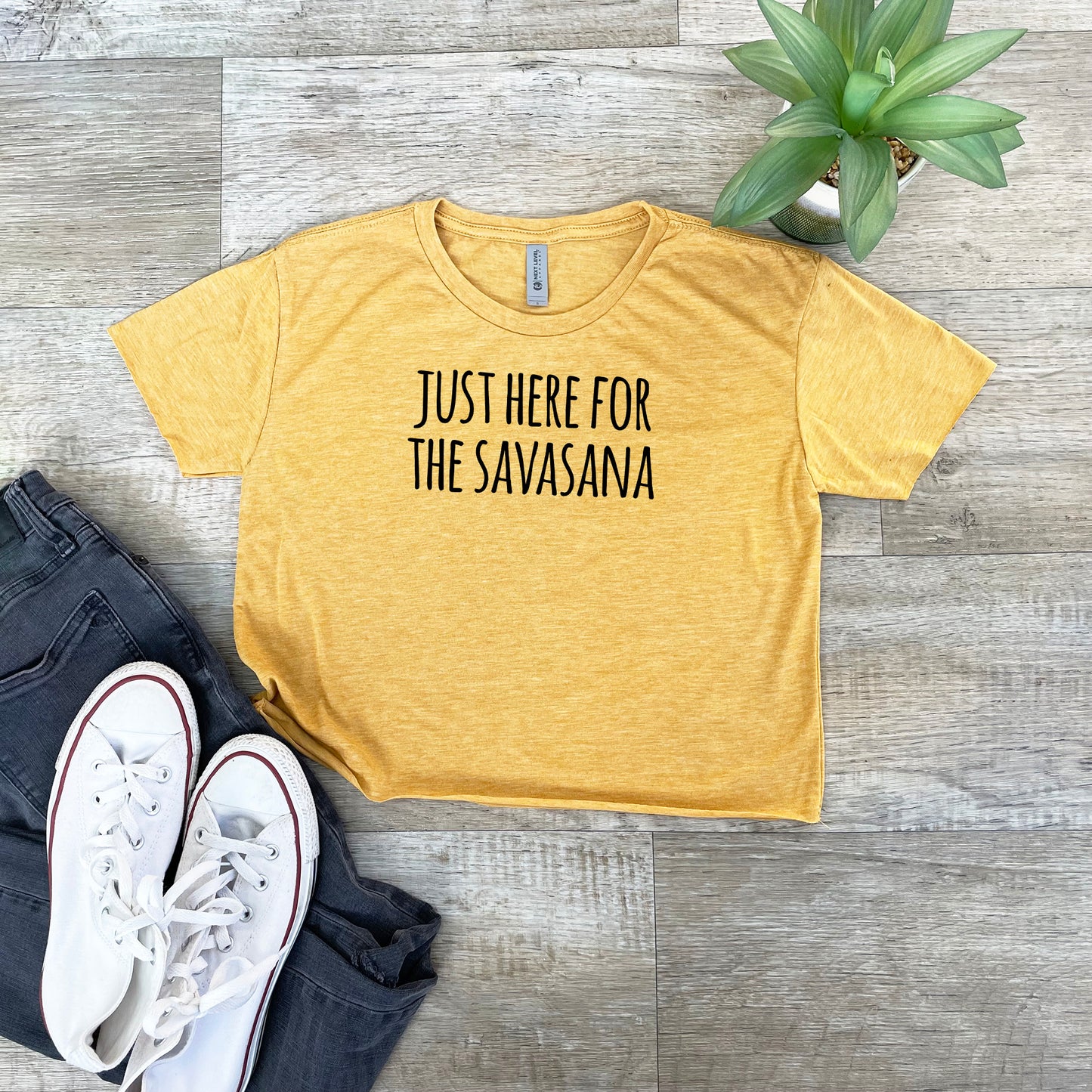 Just Here For The Savasana (Yoga) - Women's Crop Tee - Heather Gray or Gold
