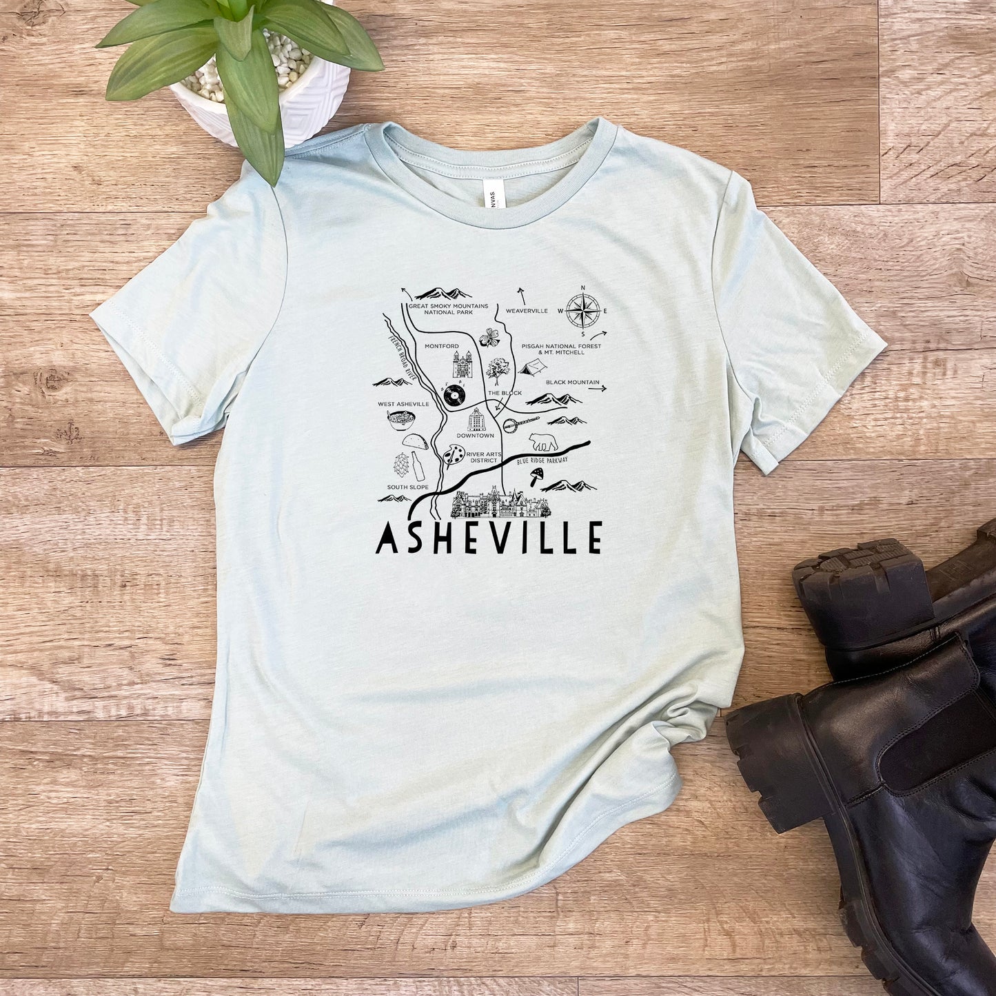 Asheville Map - Women's Crew Tee - Olive or Dusty Blue
