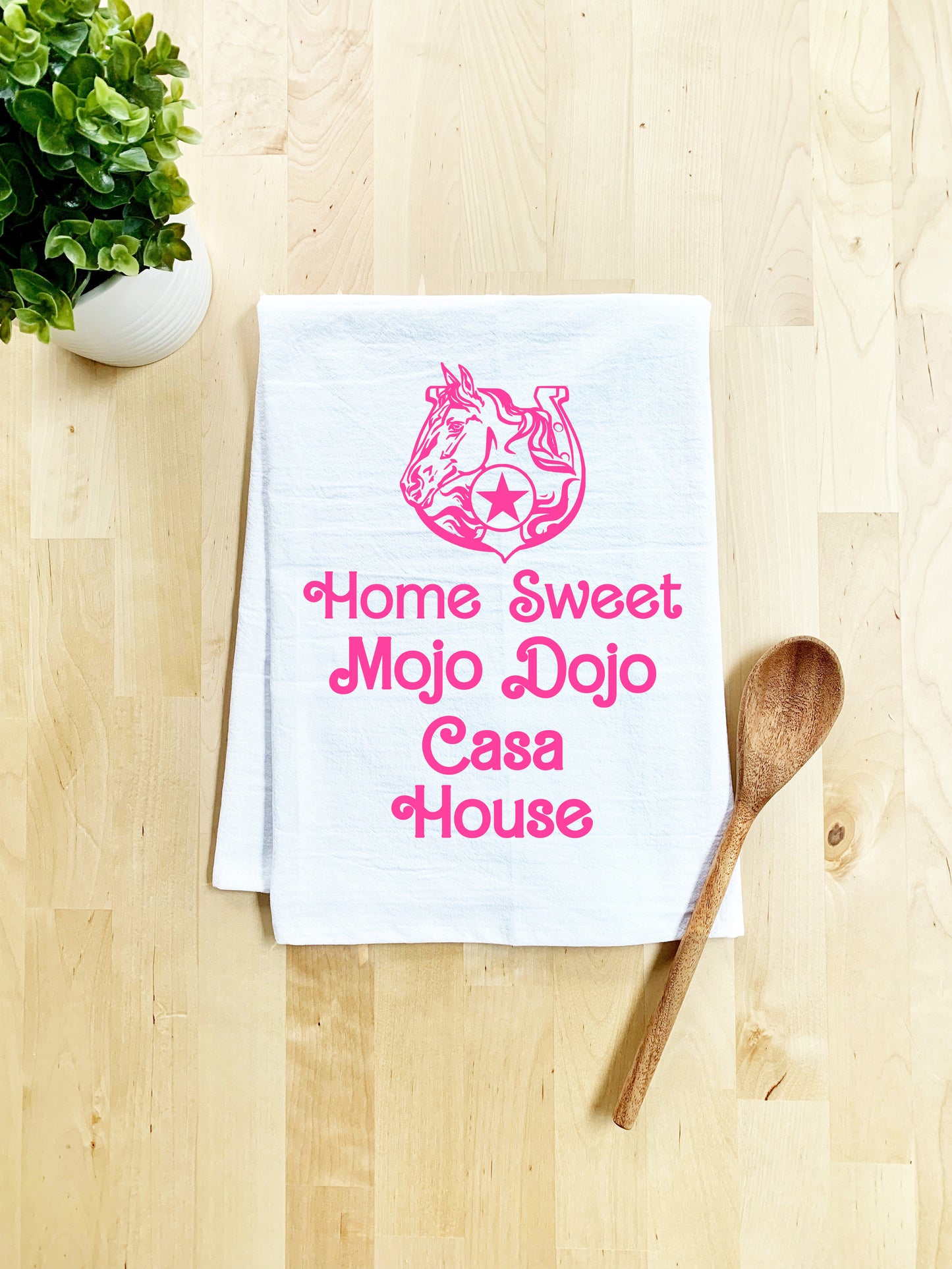 Home Sweet Mojo Dojo Casa House  Dish Towel - Best Seller - White - Pink Ink