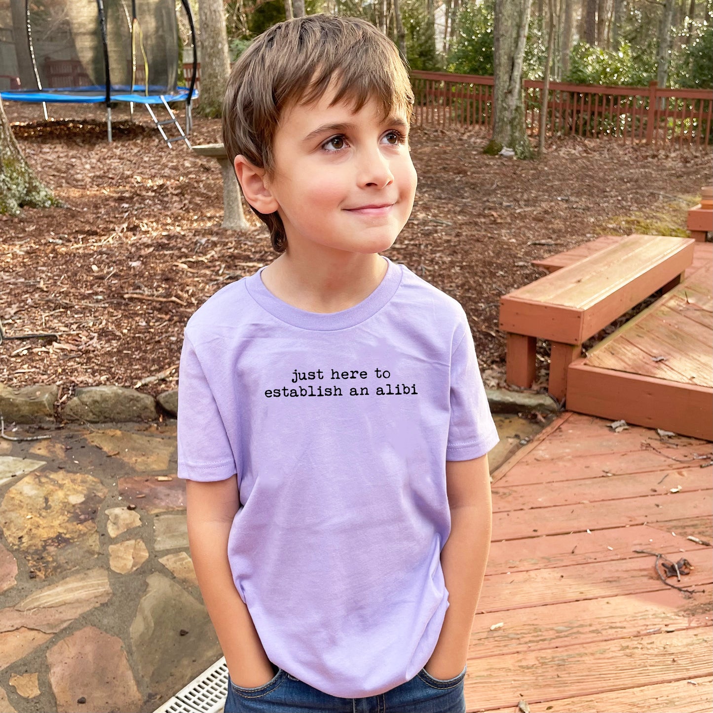 Just Here To Establish An Alibi - Kid's Tee - Columbia Blue or Lavender