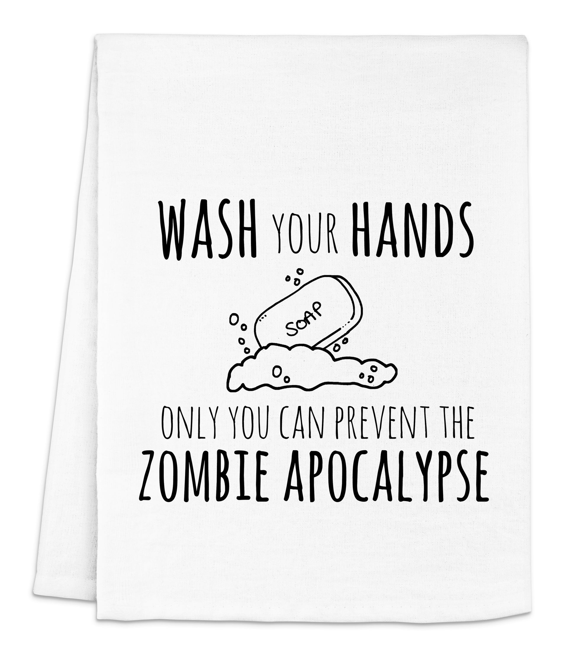 a white dish towel with a black print on it that says wash your hands only