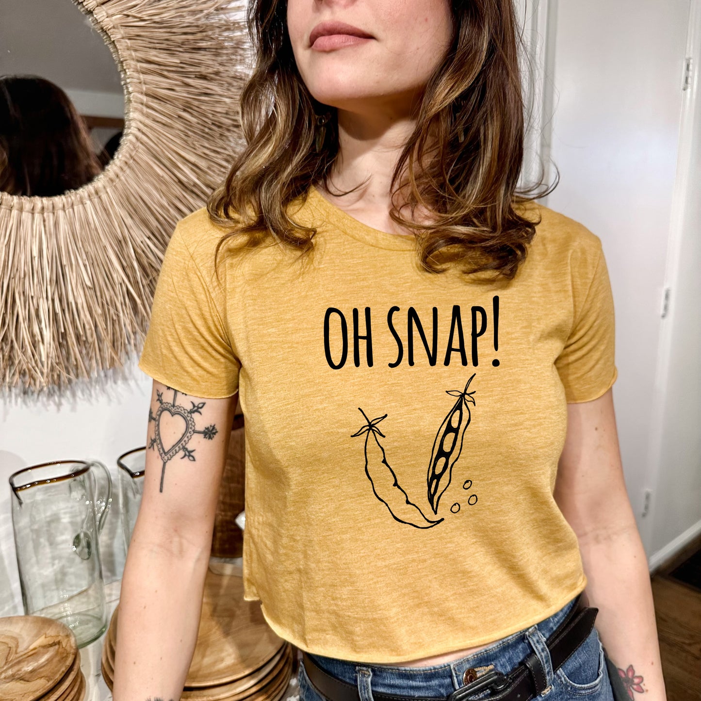 Oh Snap (Peas) - Women's Crop Tee - Heather Gray or Gold