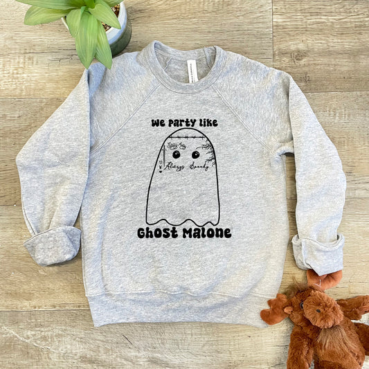 a grey sweatshirt with a ghost saying on it
