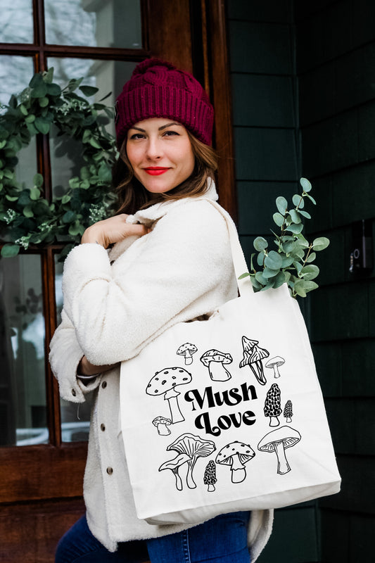 a woman carrying a white bag with mushrooms on it