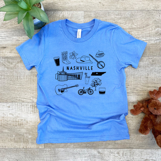 a blue t - shirt with a picture of nashville on it