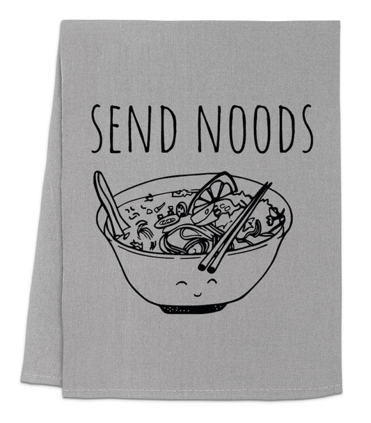 a dish towel with a bowl of noodles and chopsticks