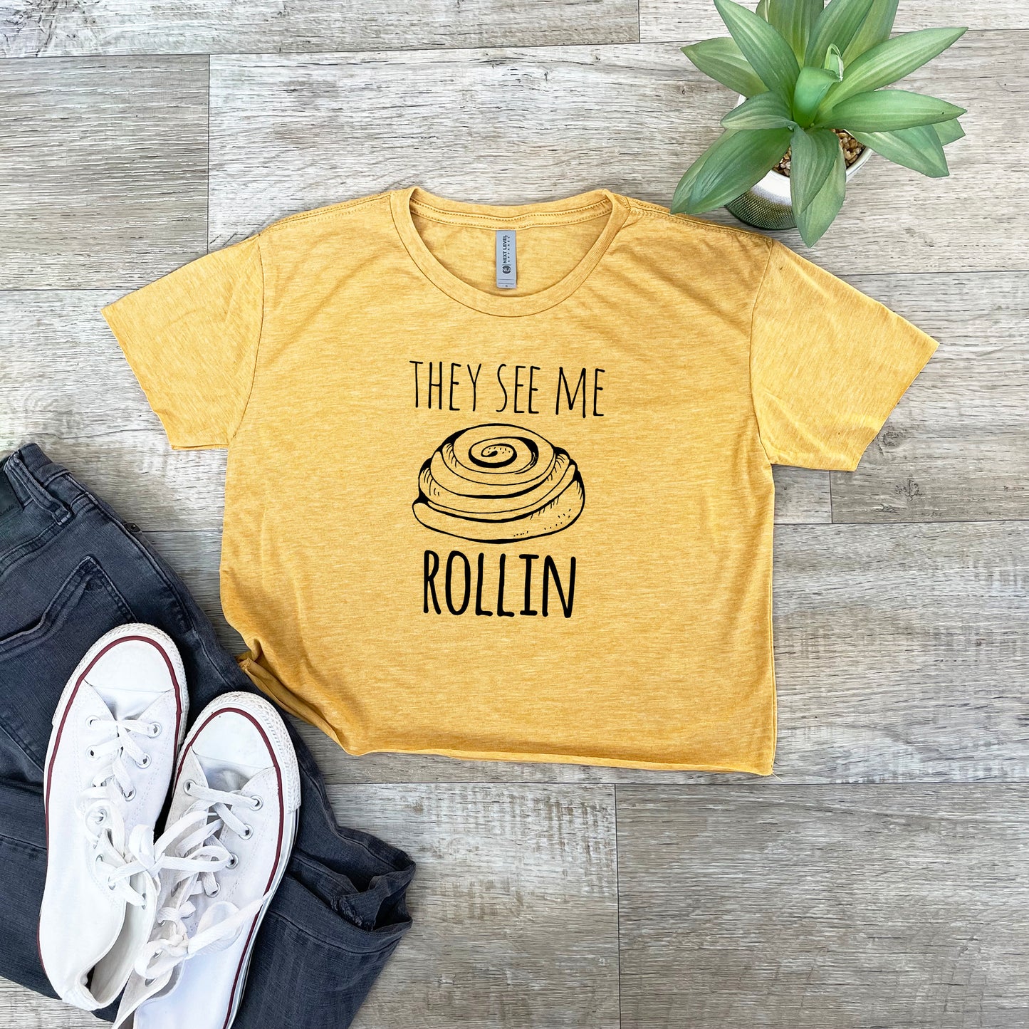 They See Me Rollin' (Cinnamon Roll) - Women's Crop Tee - Heather Gray or Gold