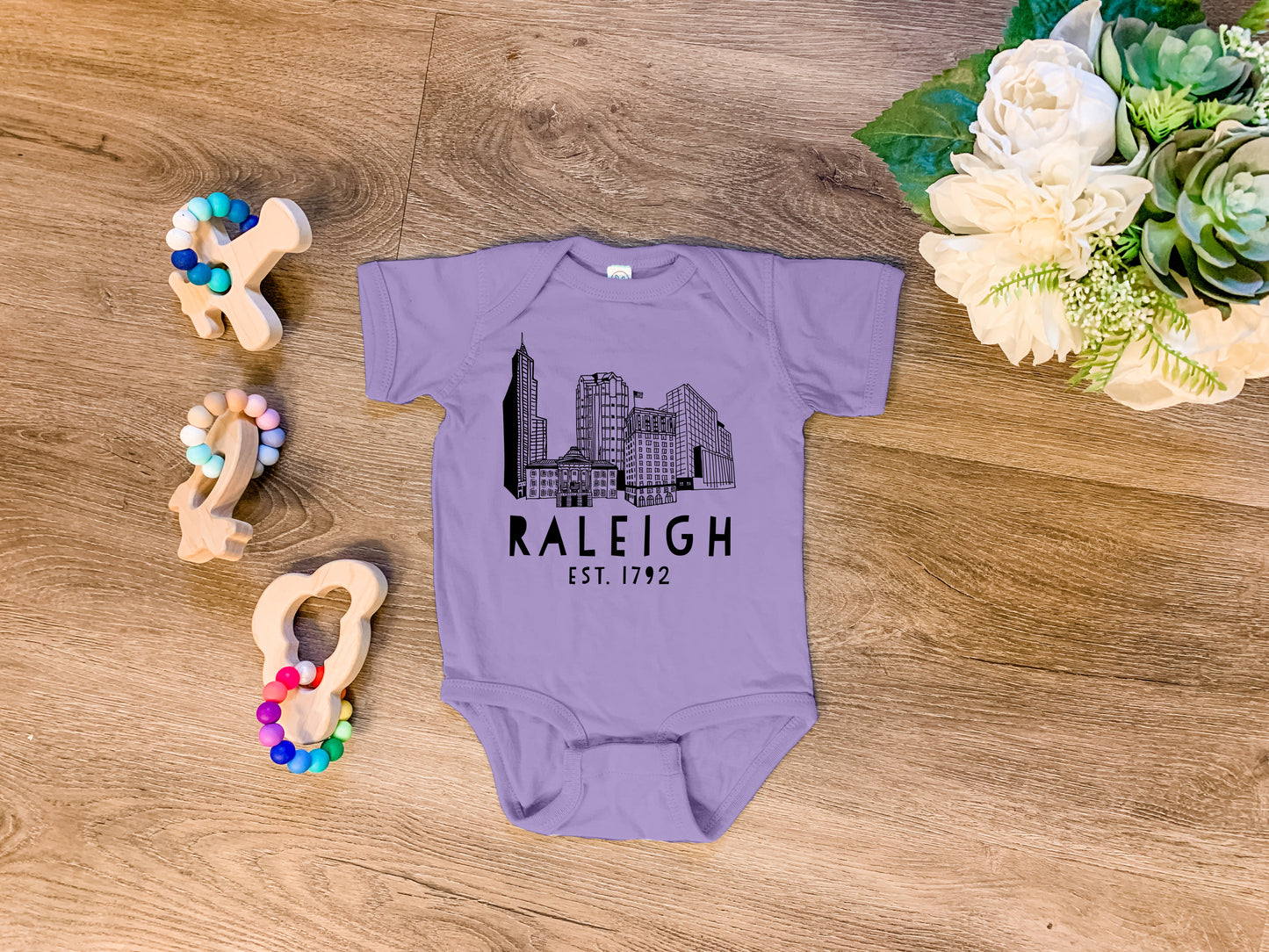 Raleigh Skyline (NC) - Onesie - Heather Gray, Chill, or Lavender