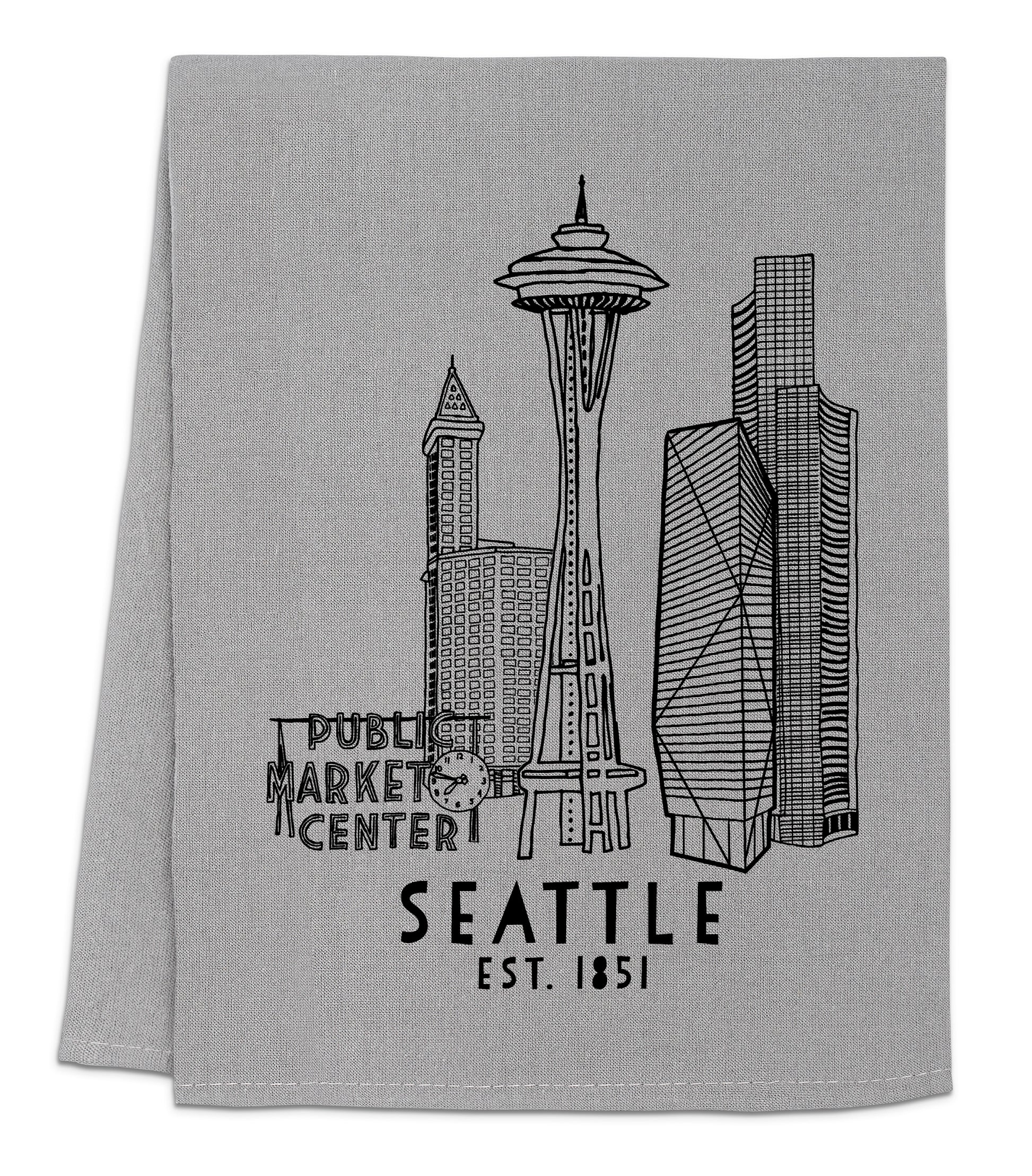 a towel with a picture of seattle and the space needle