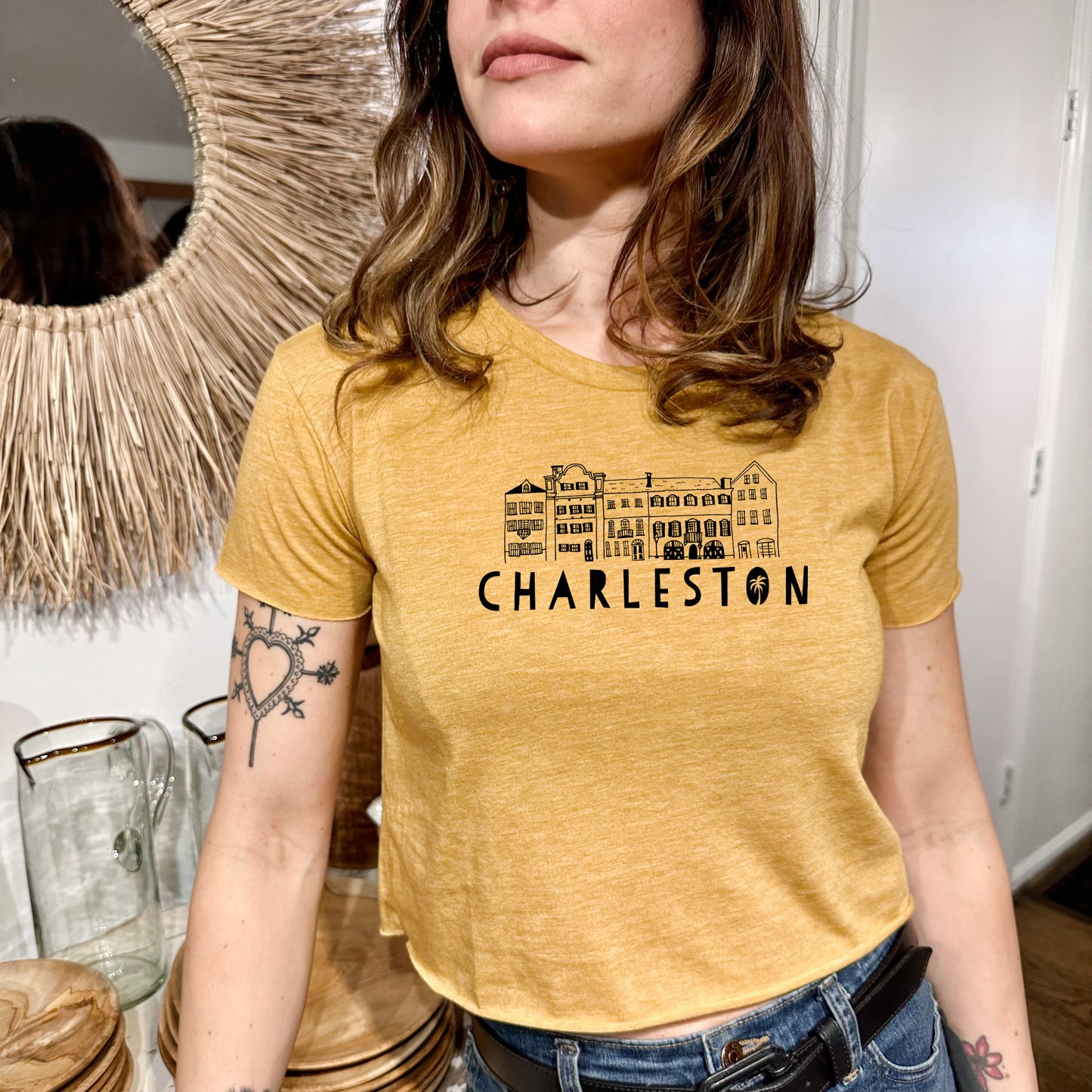 Charleston Rainbow Row - Women's Crop Tee - Heather Gray or Gold