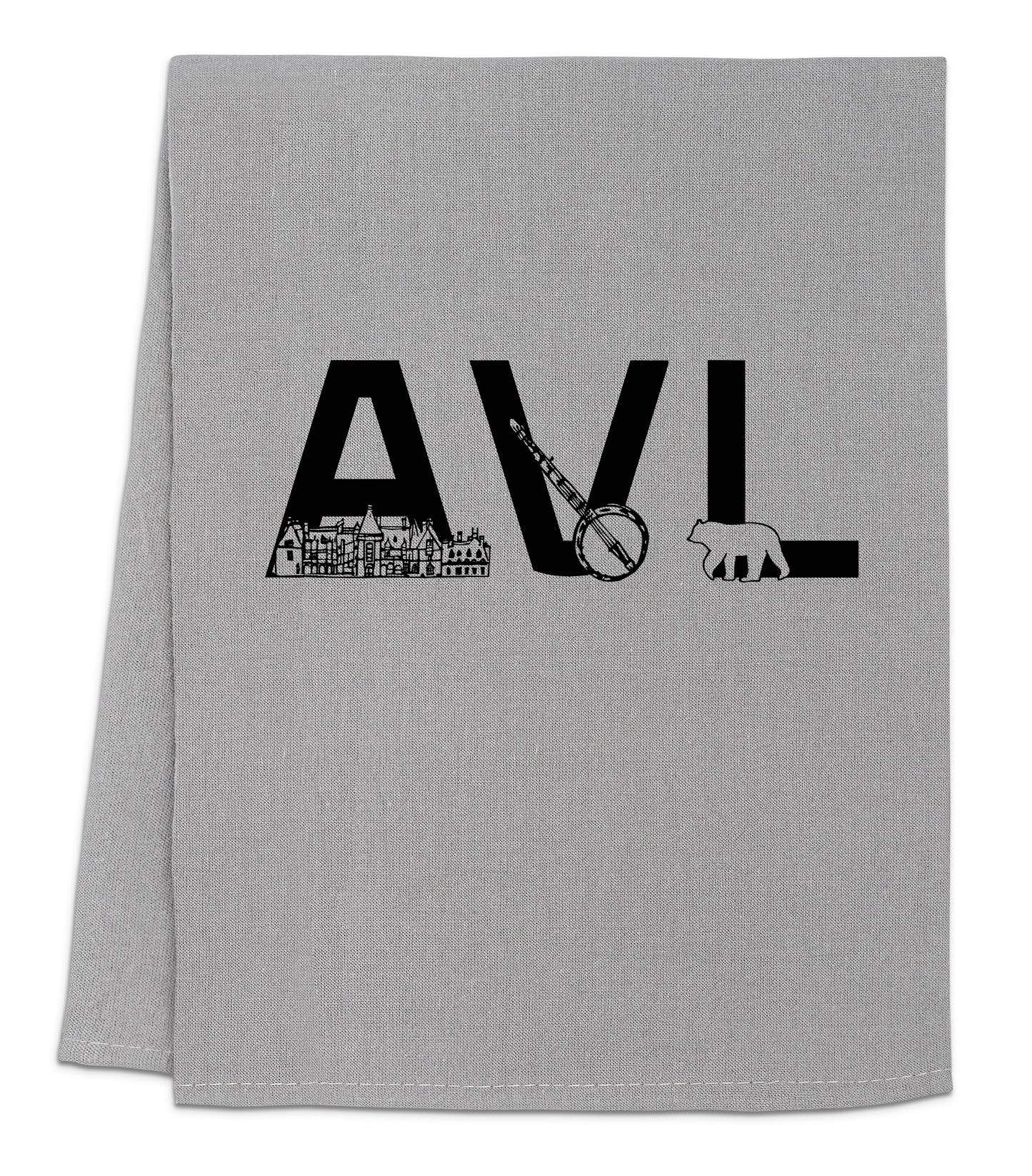 a gray towel with black letters and a picture of an elephant