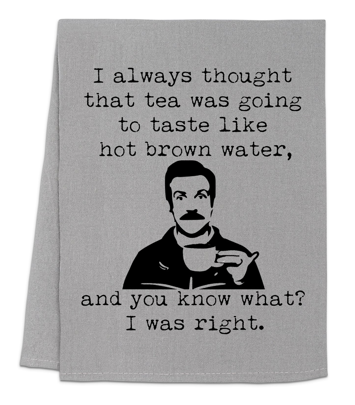 a tea towel with a picture of a man holding a cup of coffee