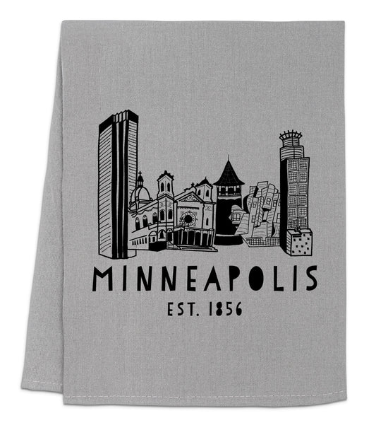 a gray towel with a black and white picture of minneapolis
