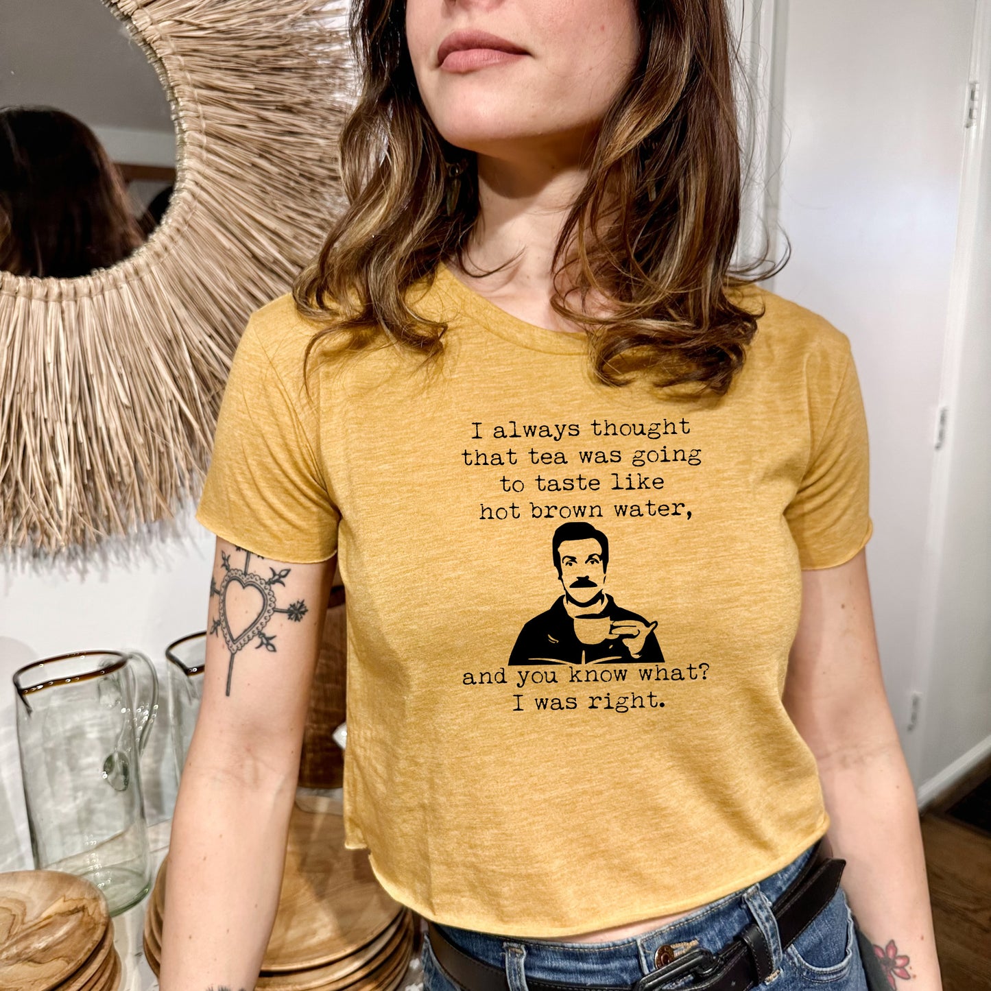 Tea Is Just Hot Brown Water (Ted Lasso) - Women's Crop Tee - Heather Gray or Gold