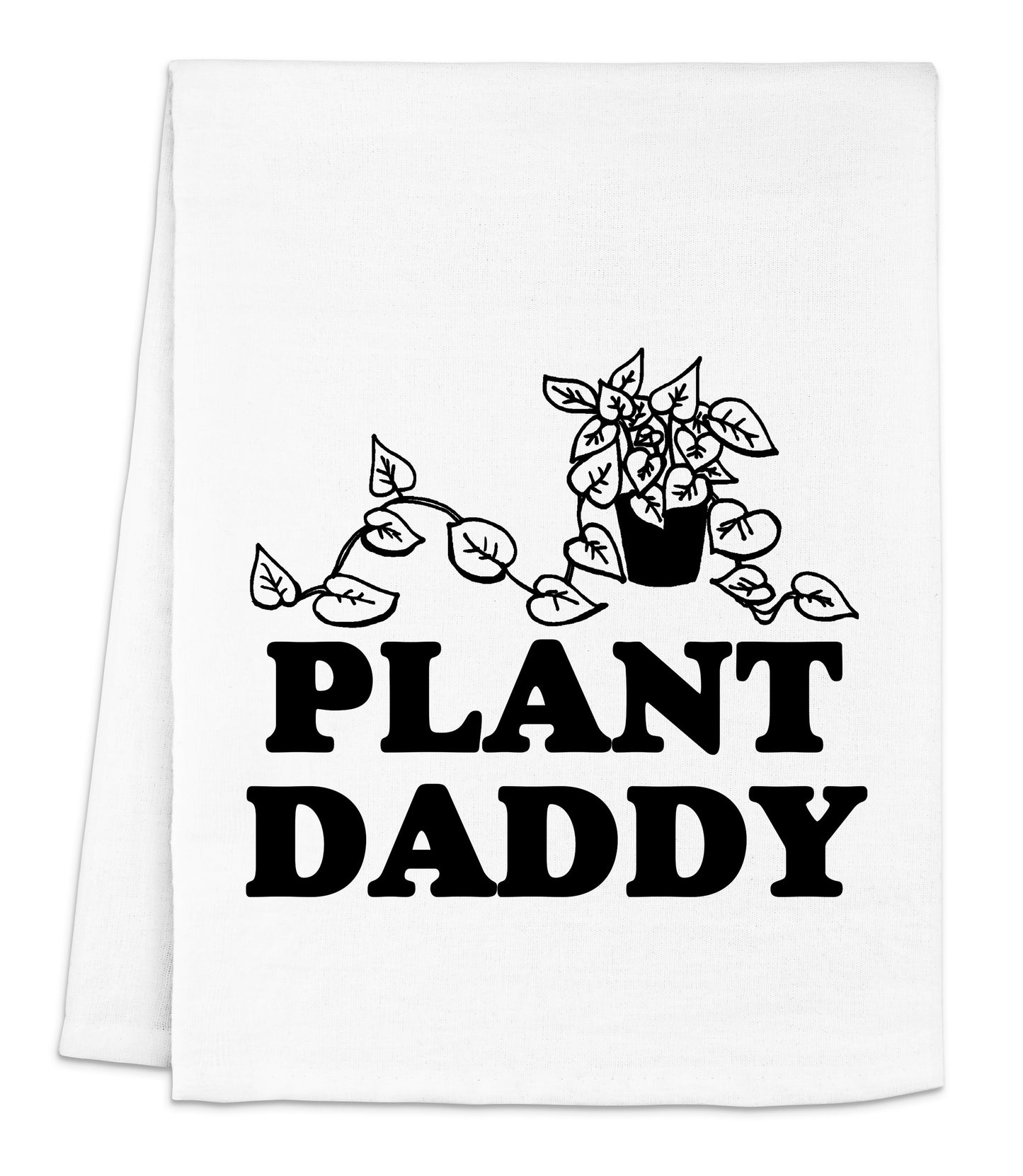 a white towel with a plant daddy on it