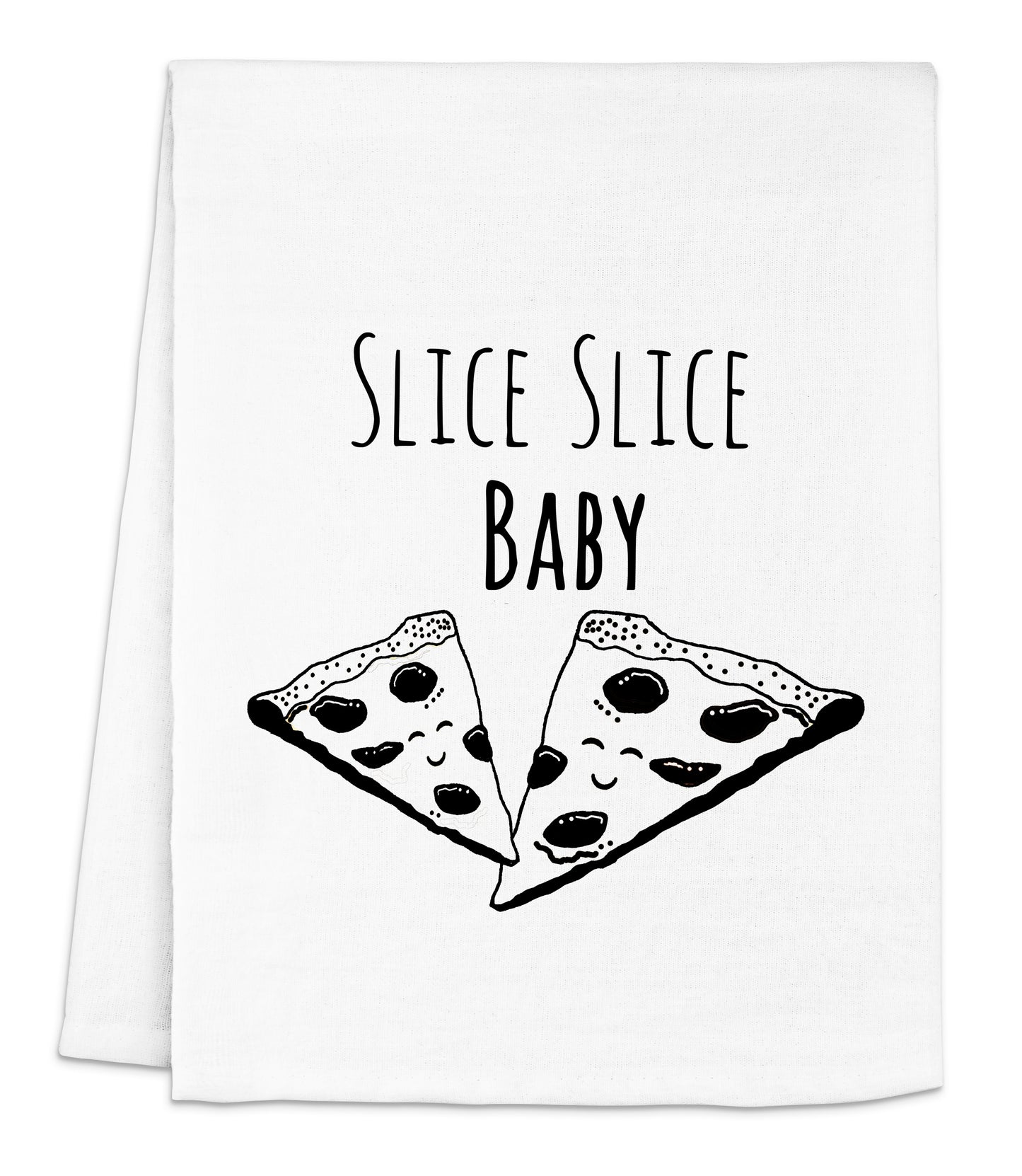 a white dish towel with a slice of pizza printed on it