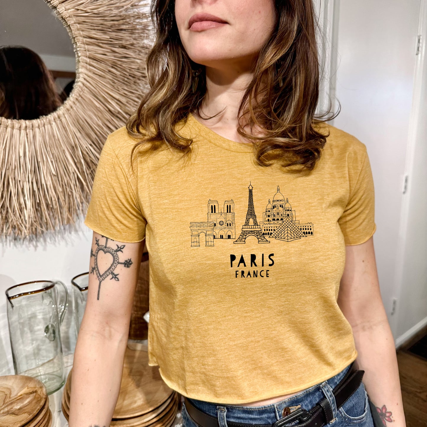 Paris Skyline - Women's Crop Tee - Heather Gray or Gold
