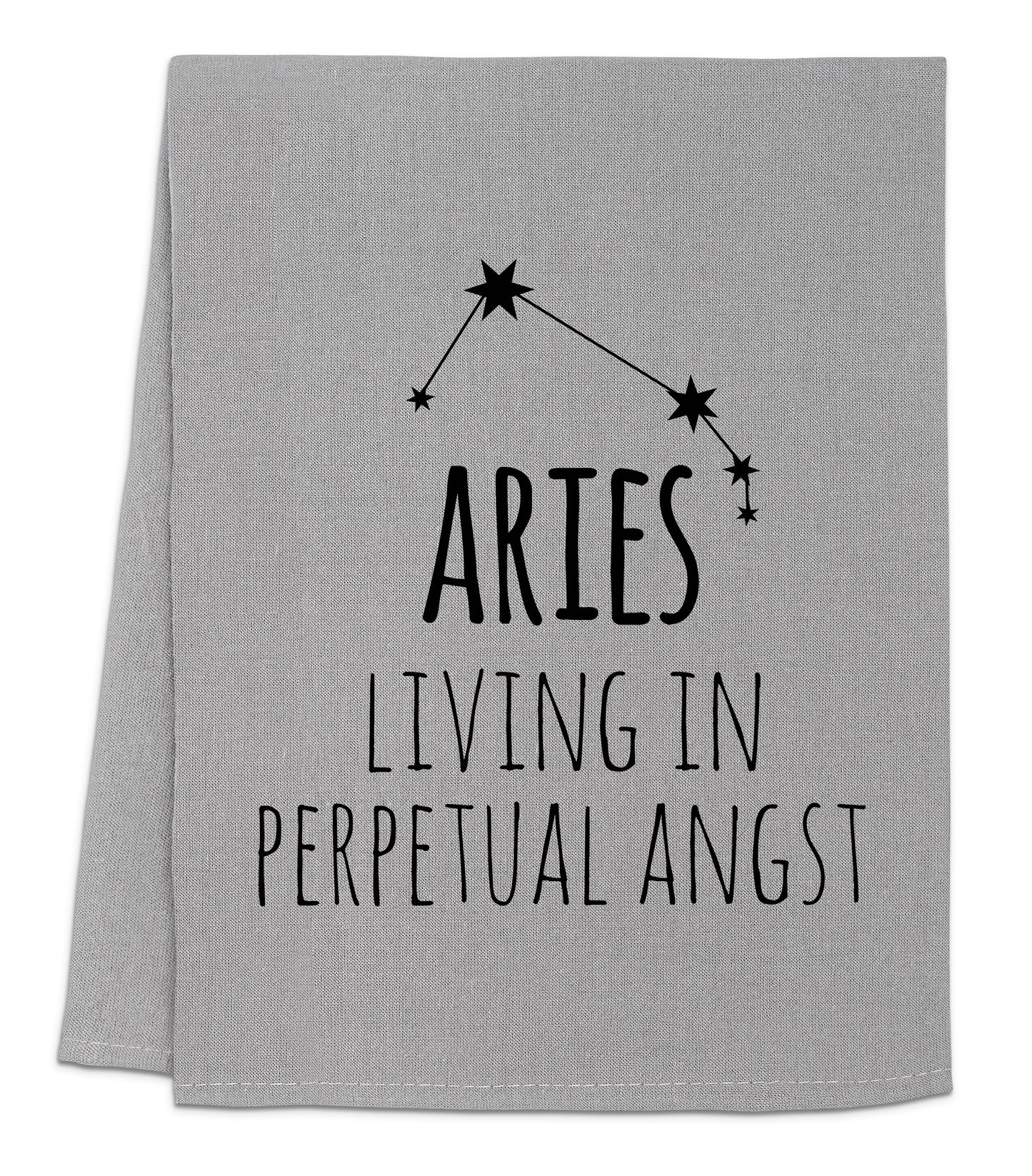 a towel with the words aris living in perpetual angst on it