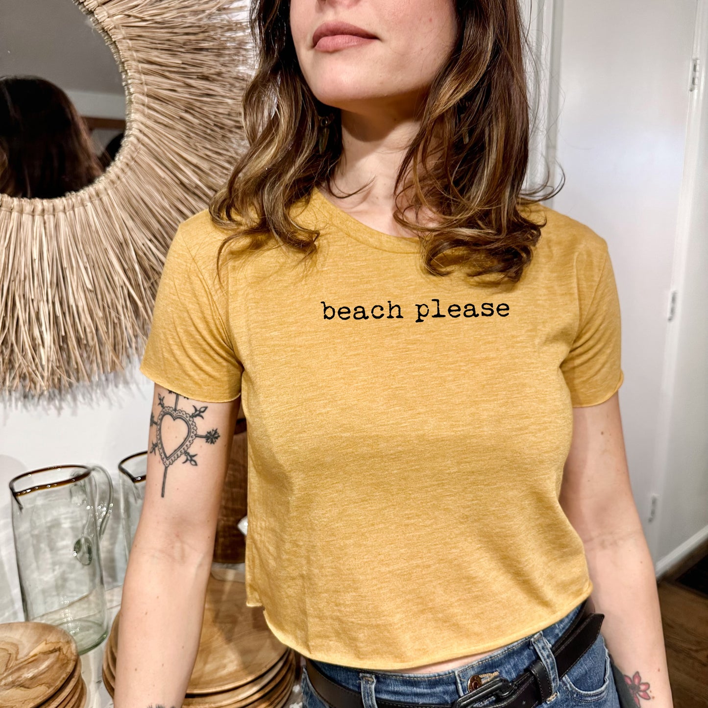 Beach Please - Women's Crop Tee - Heather Gray or Gold