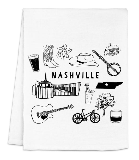 a white dish towel with a black and white illustration of nashville