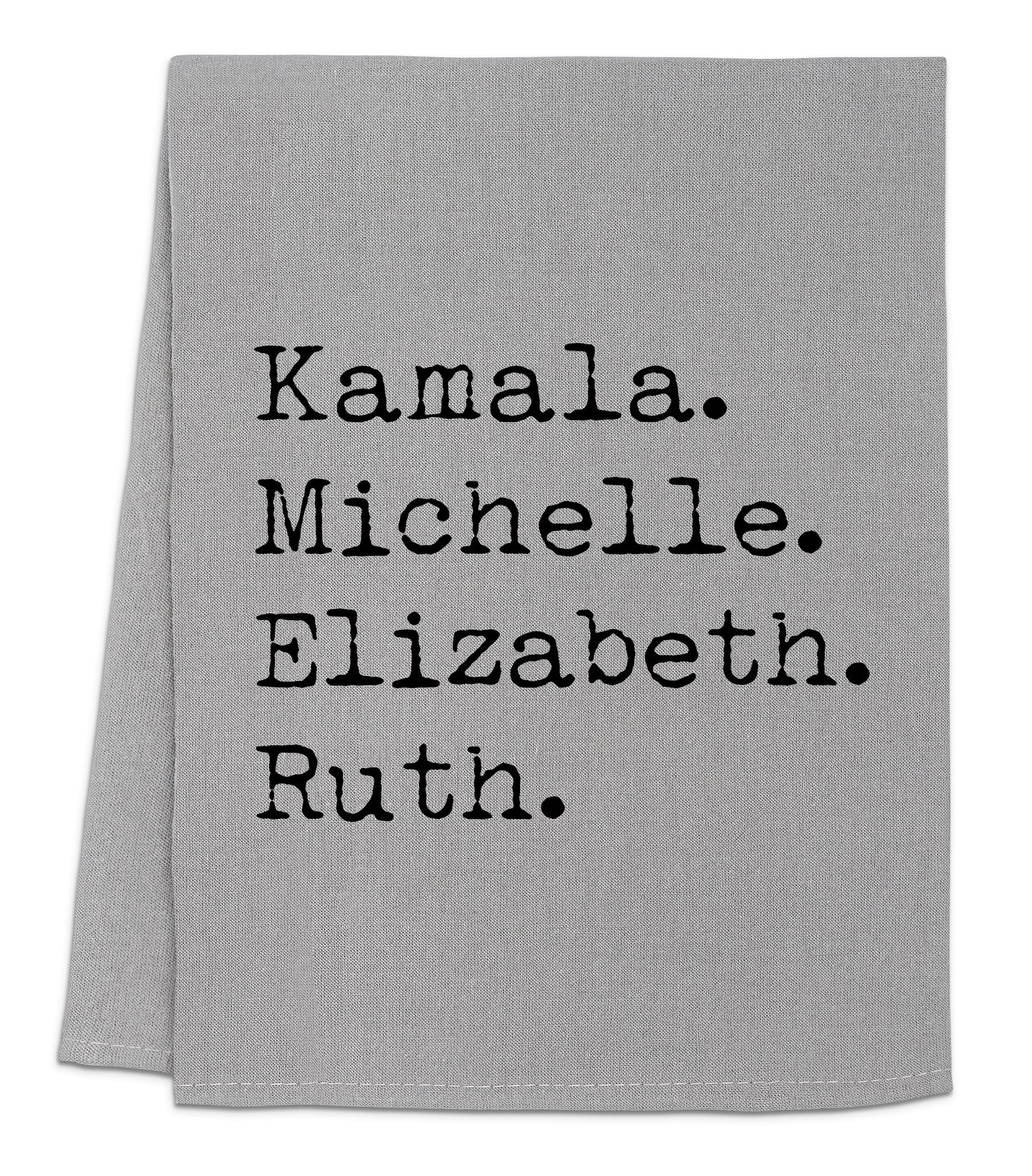 a gray towel with black writing on it