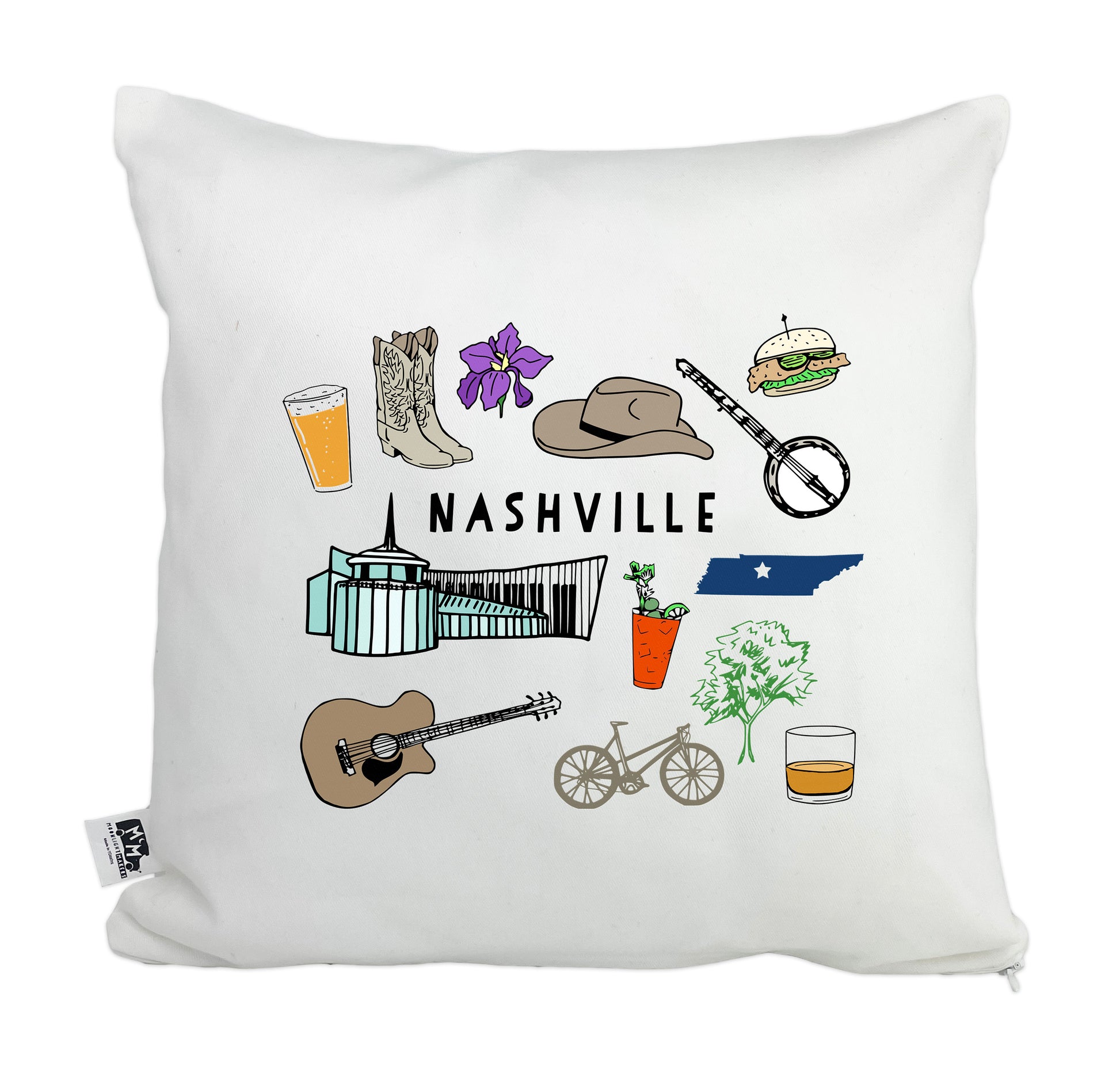 a white pillow with a picture of nashville on it