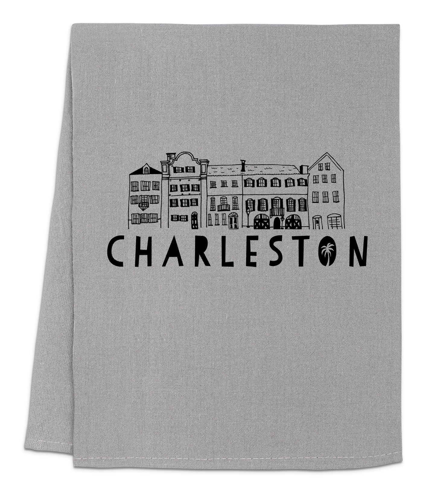 a gray towel with the word charleston printed on it