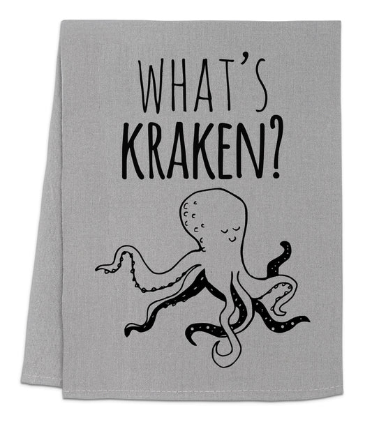 a towel with an octopus on it that says what's kraken?