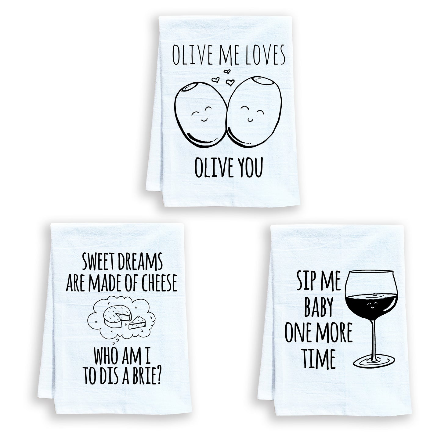 three tea towels with funny sayings on them