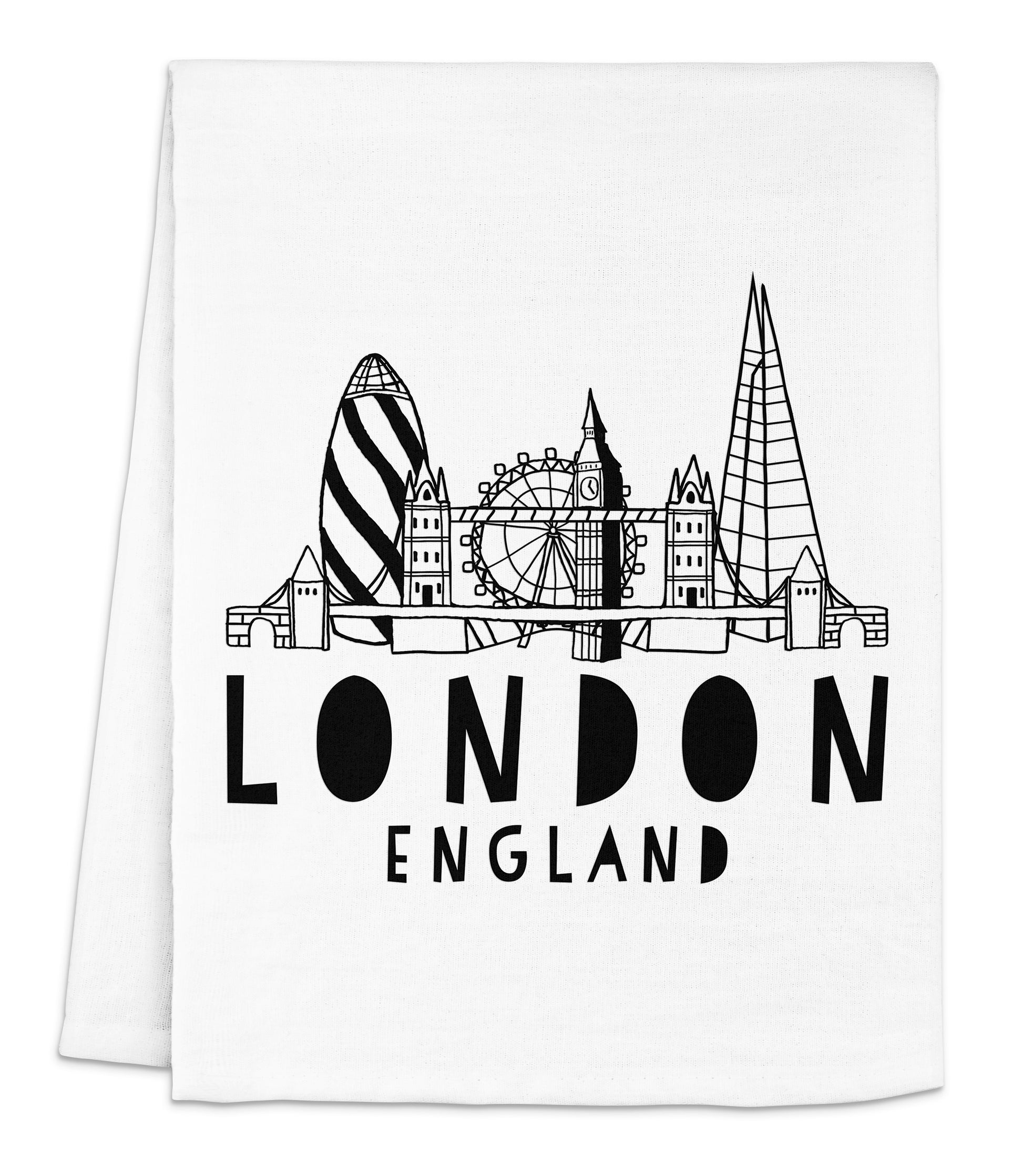 a white towel with a black and white picture of london england