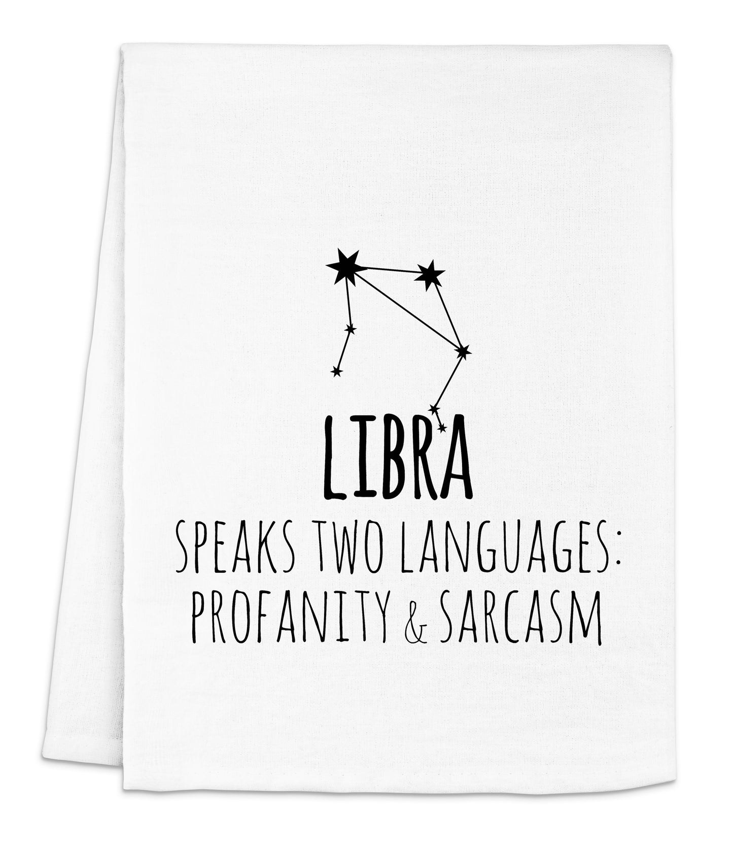 a white tea towel with the words libra on it