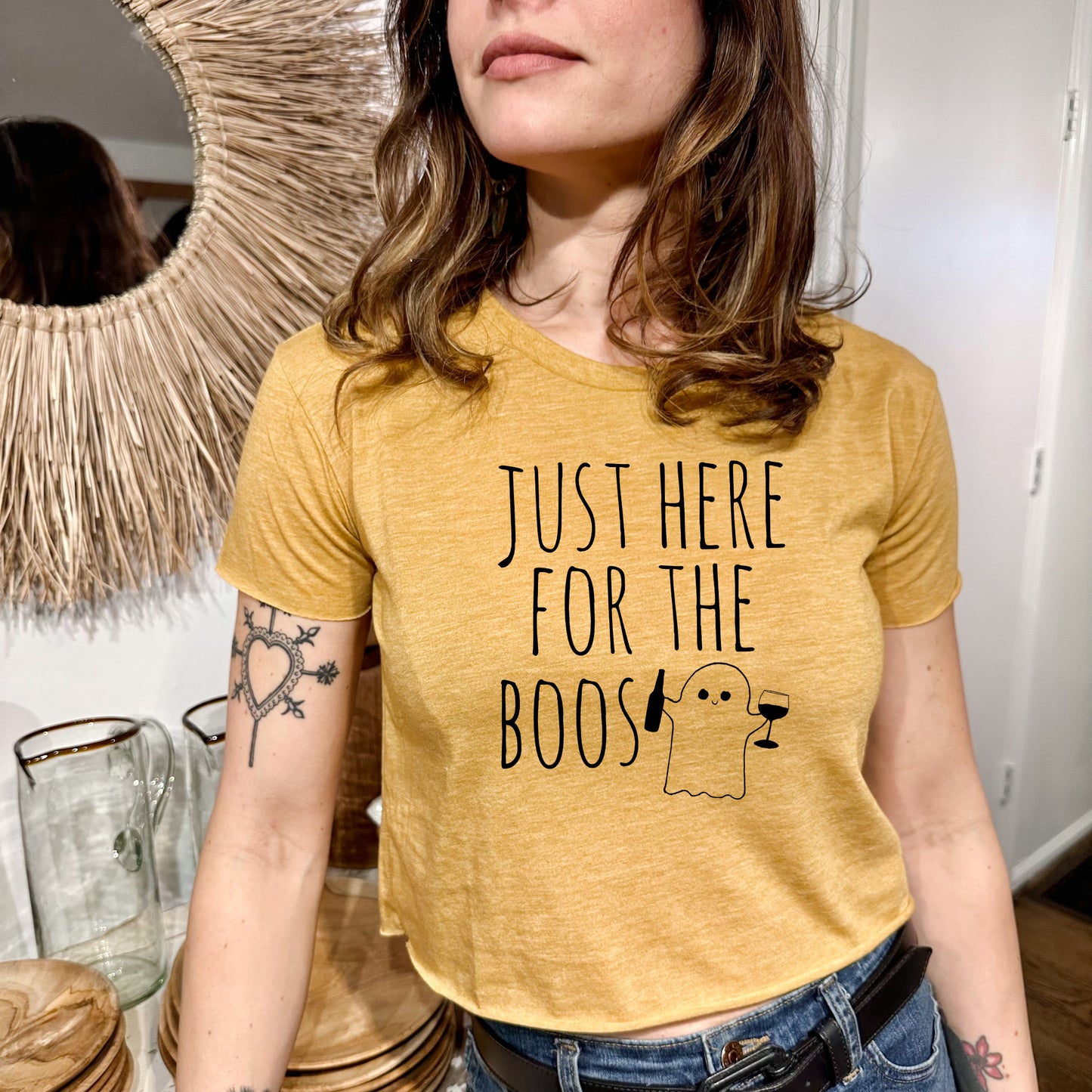 Just Here For The Boos (Halloween) - Women's Crop Tee - Heather Gray or Gold