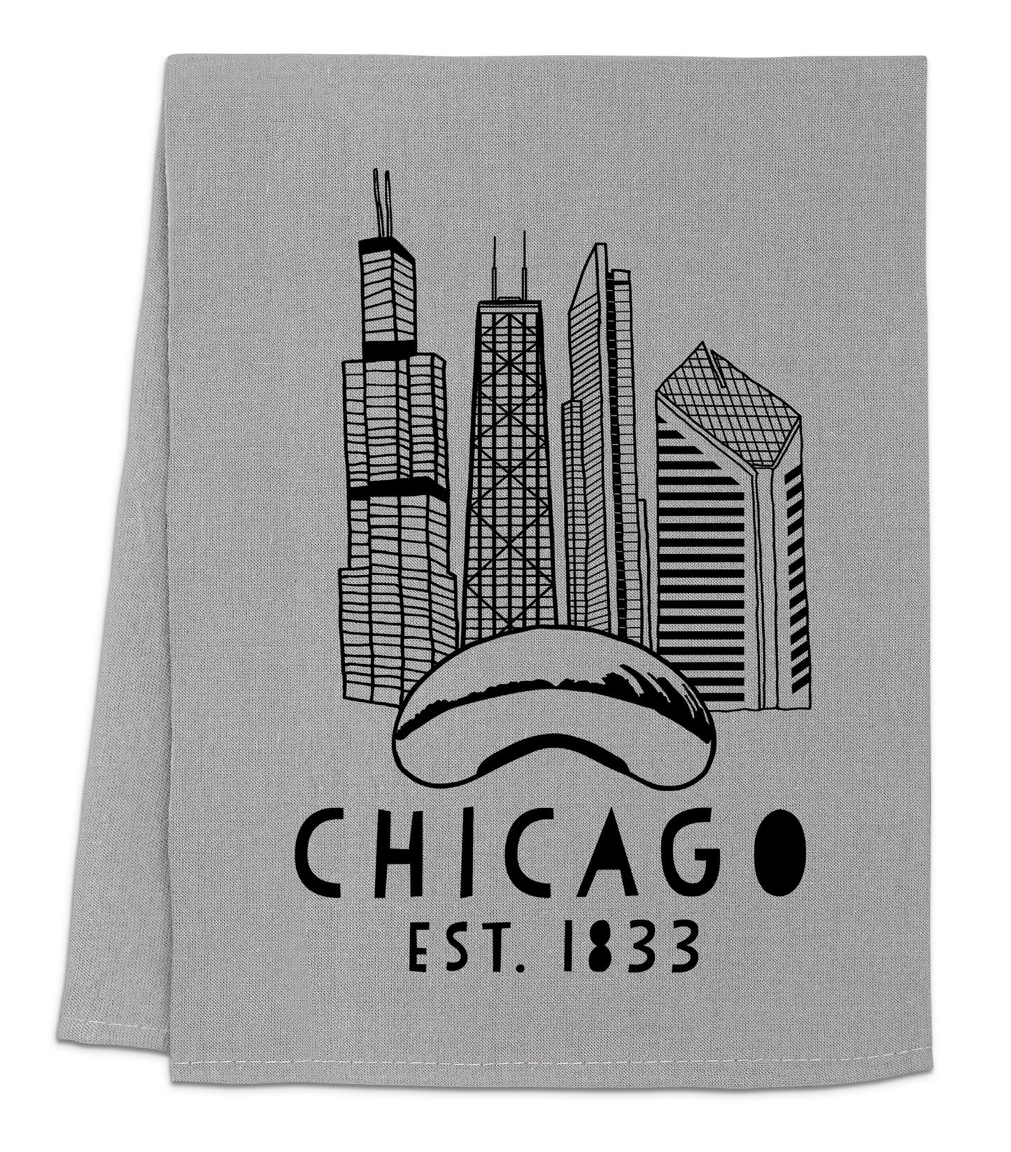 a gray towel with a chicago skyline on it