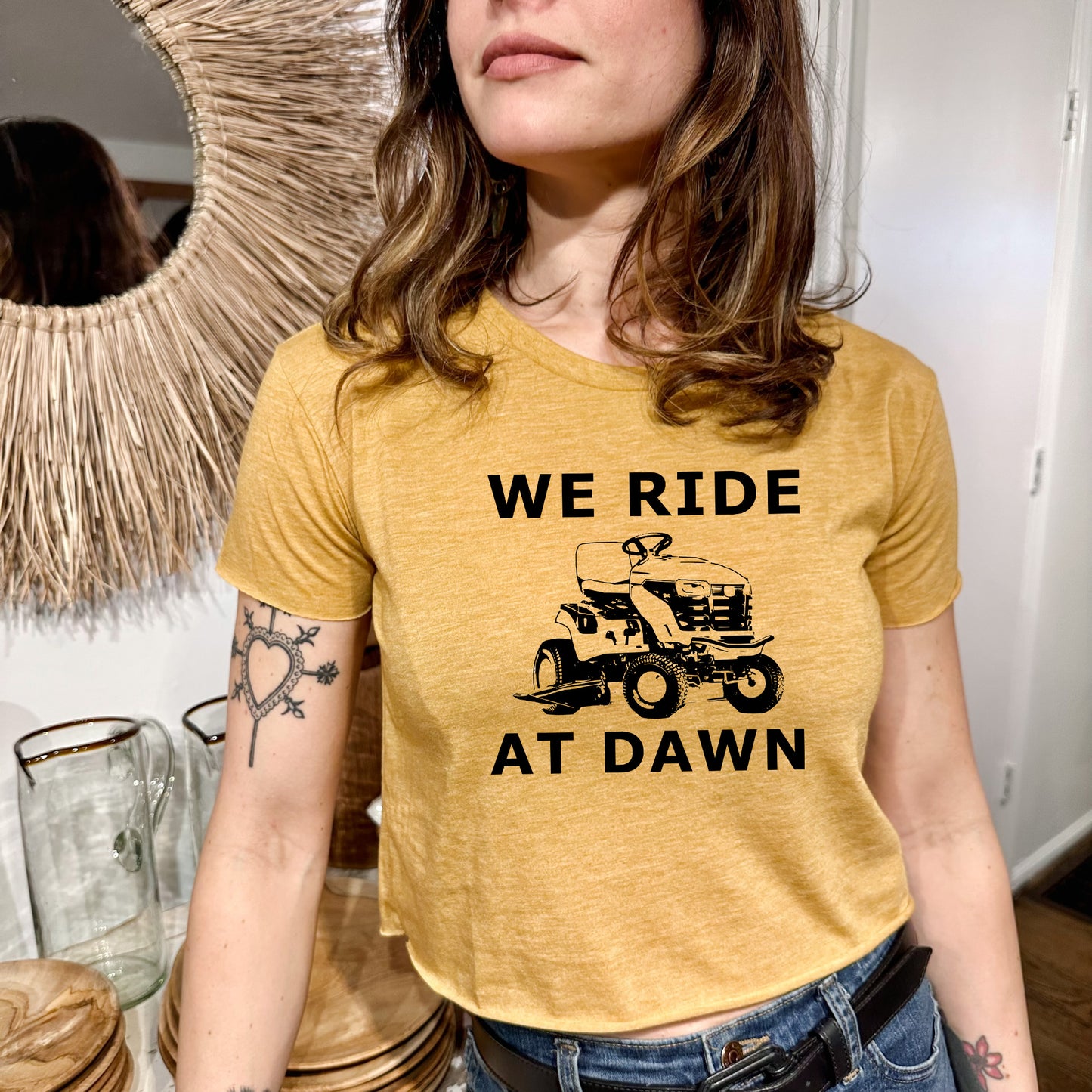 We Ride At Dawn - Women's Crop Tee - Heather Gray or Gold