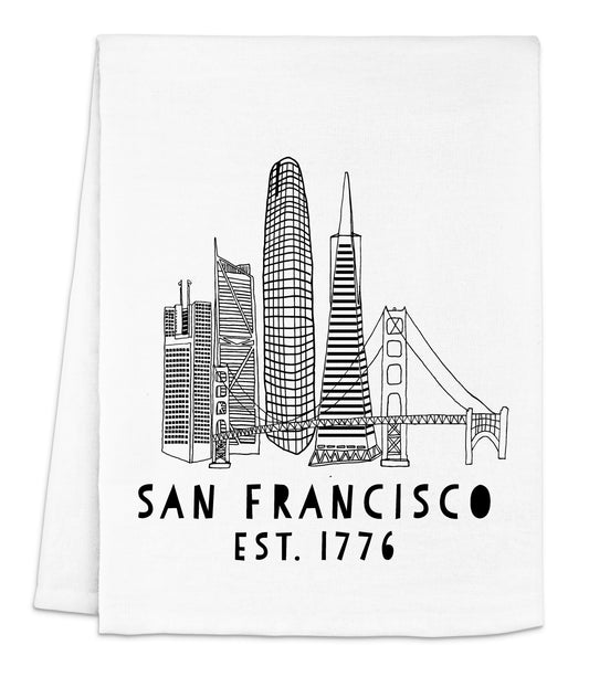 a white towel with a san francisco skyline on it